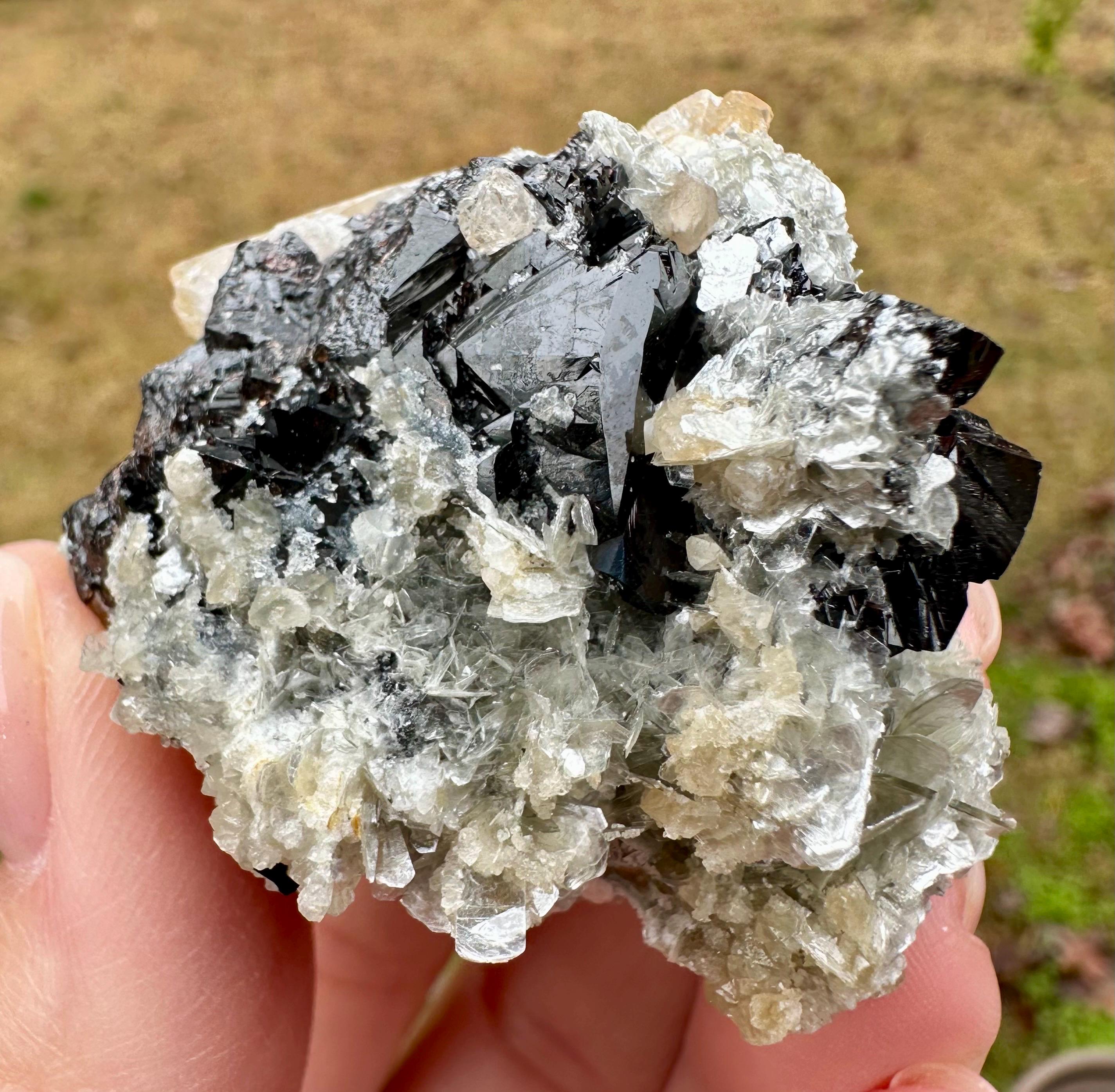 95 Grams Cassiterite Cluster with Silvery Muscovite & Fluorescent Calcite from Afghanistan