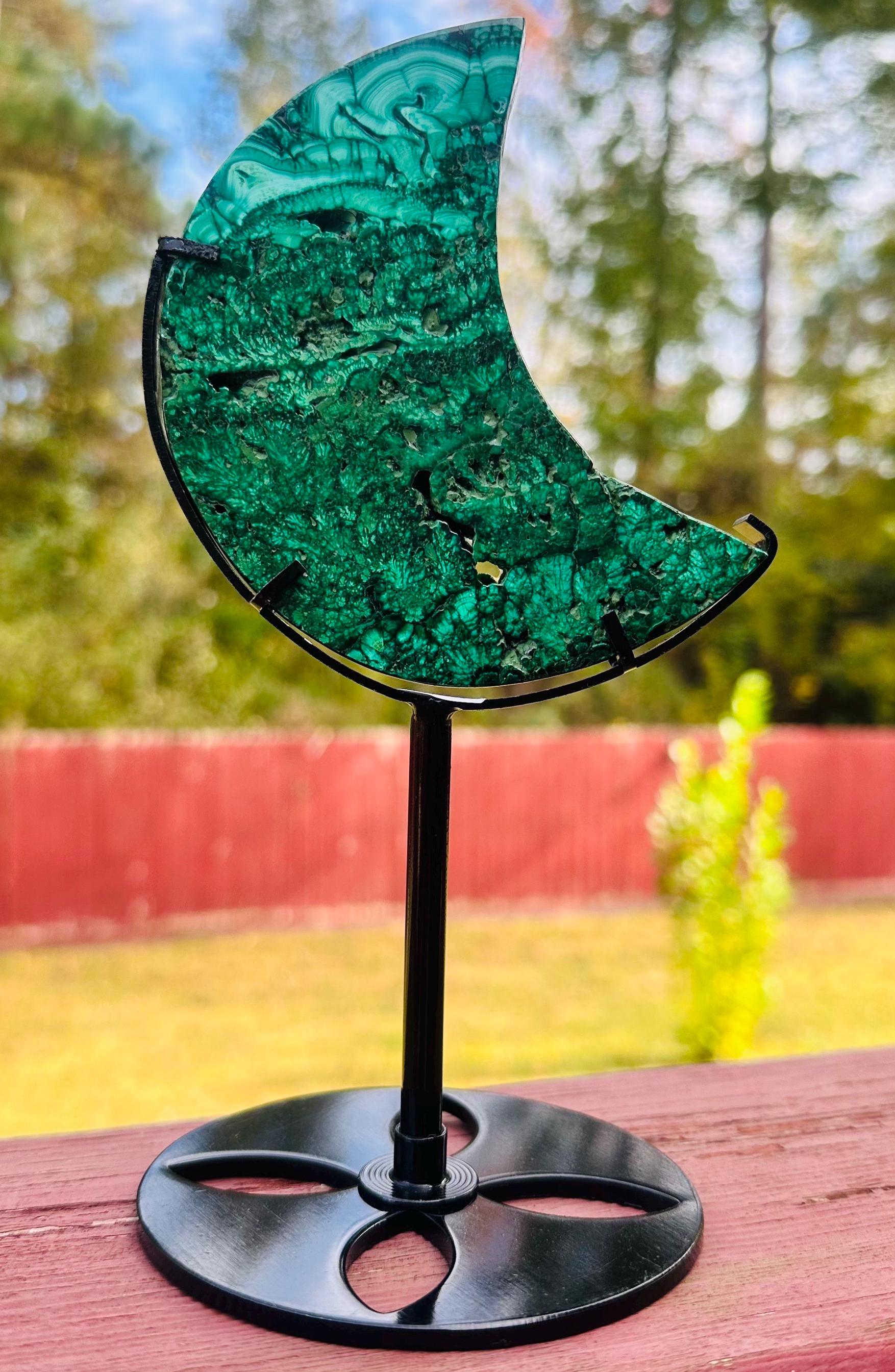 225 grams Gorgeous Malachite Crescent Moon with metal stand