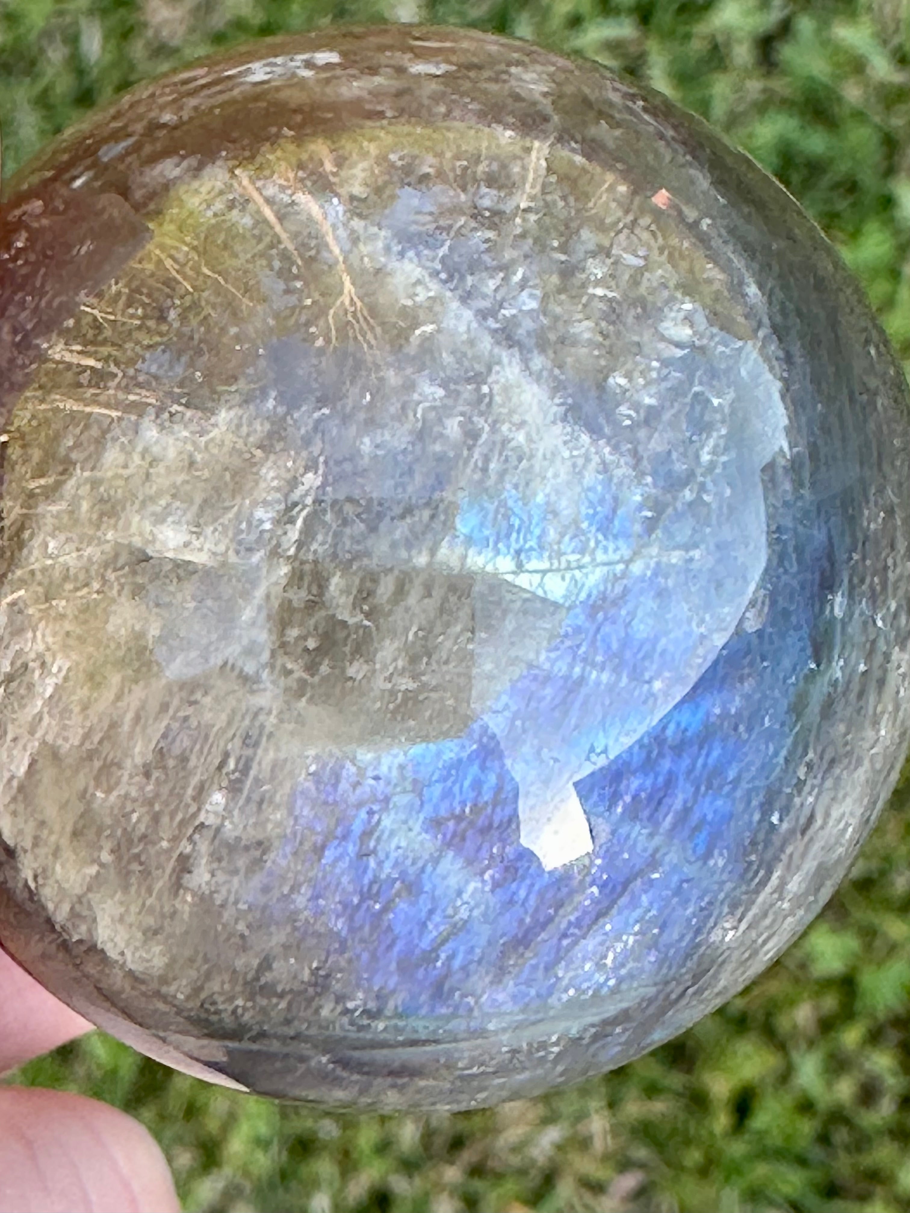 Black Moonstone Sphere with Blue Flash & Rainbow Fire, Madagascar