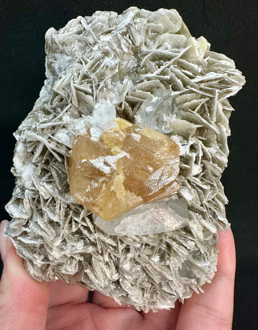 Golden Scheelite & Clear Aquamarine on Muscovite Blades, Mt. Xuebaoding, Sichuan Province, China