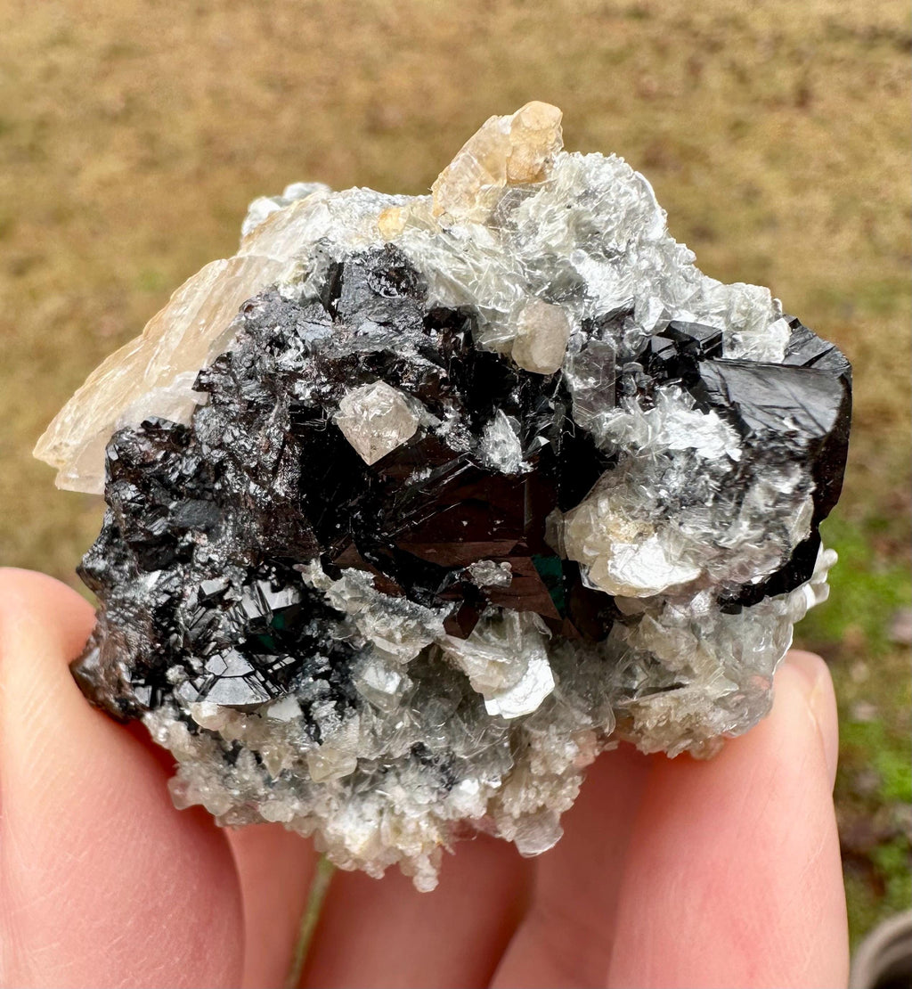 95 Grams Cassiterite Cluster with Silvery Muscovite & Fluorescent Calcite from Afghanistan