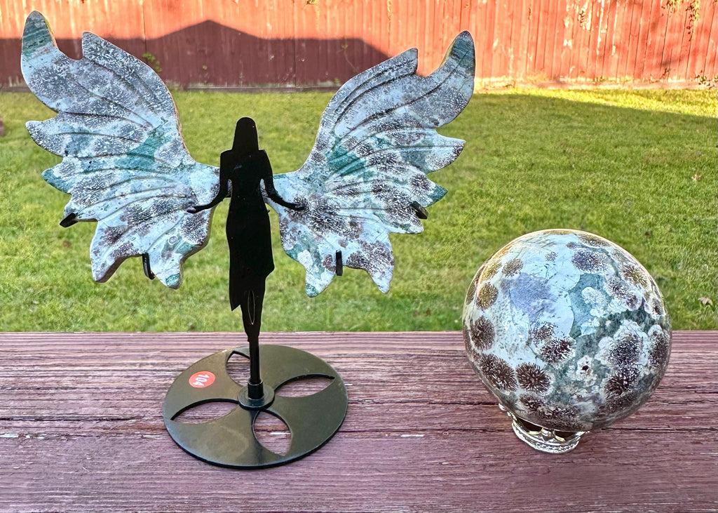 Beautiful Russian Flower Agate Angel Wings & Sphere Set sourced from Madagascar