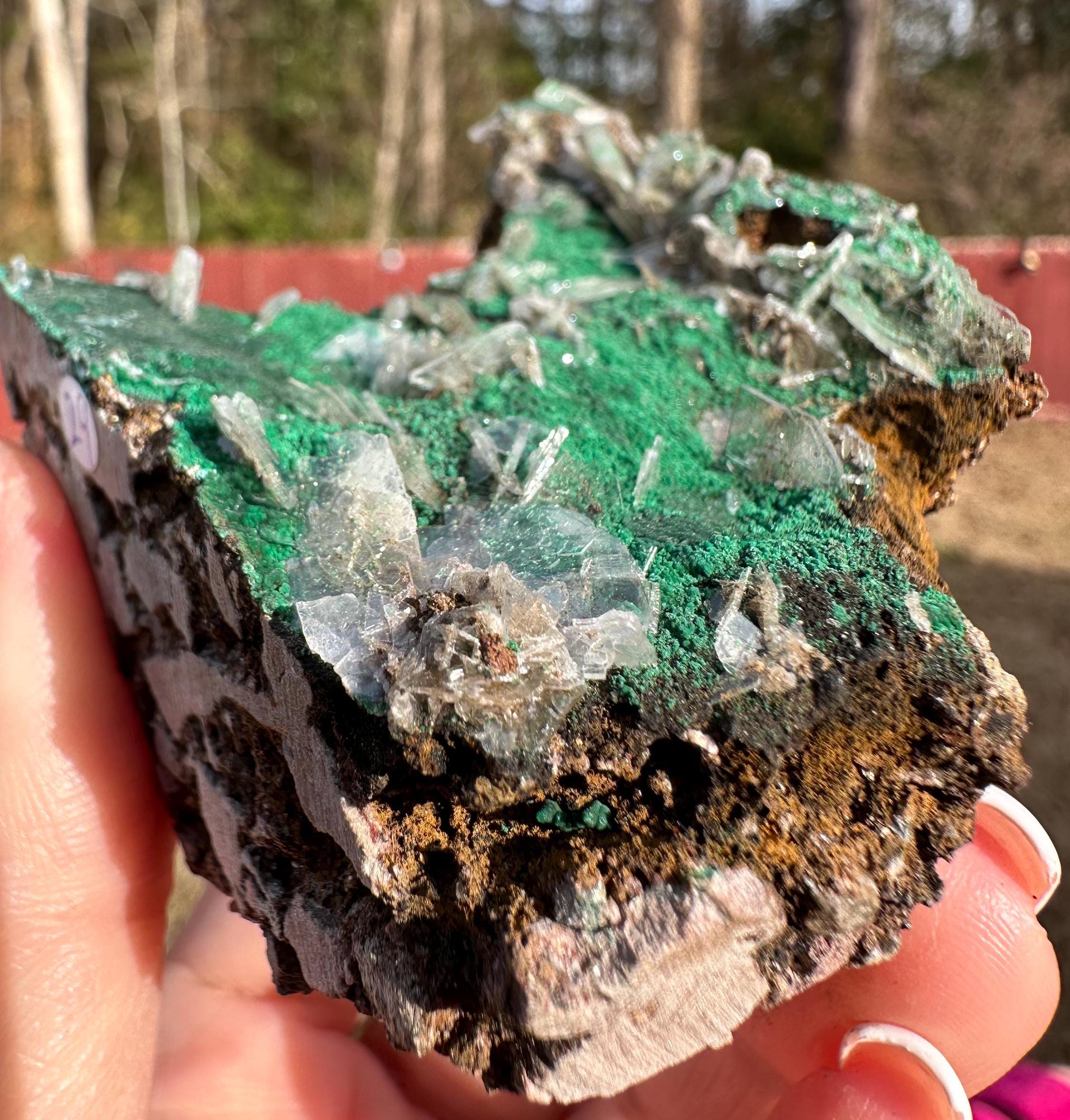 152 Grams Clear Barite blades in green "sandy granular like" Atacamite specimen from China