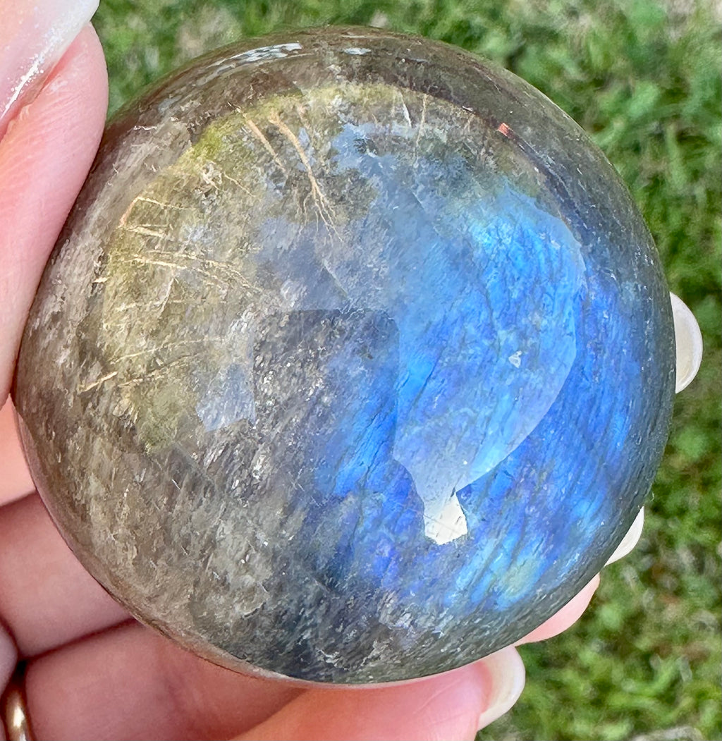 Black Moonstone Sphere with Blue Flash & Rainbow Fire, Madagascar