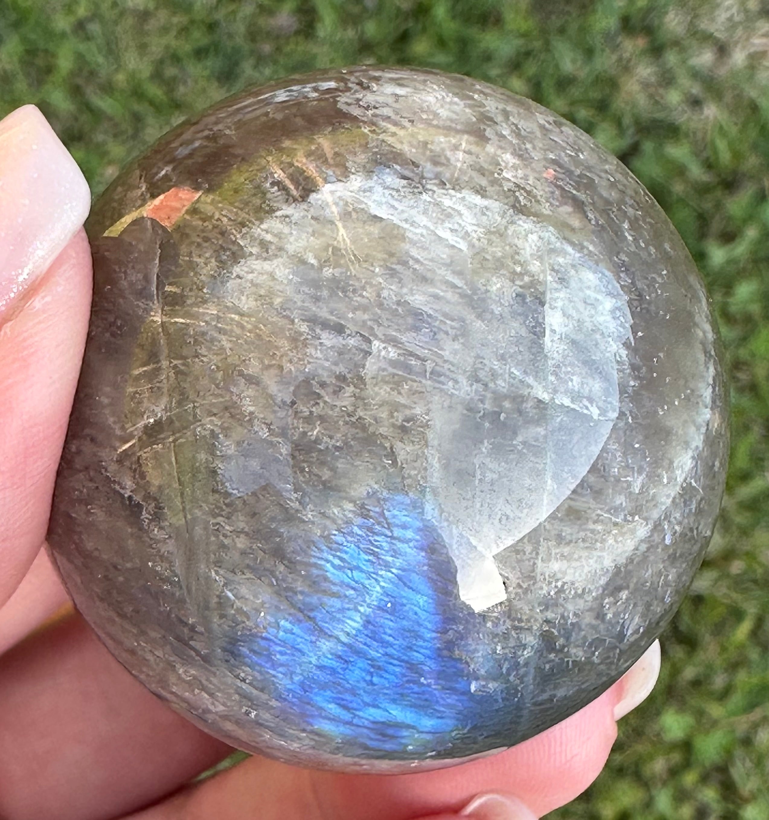 Black Moonstone Sphere with Blue Flash & Rainbow Fire, Madagascar