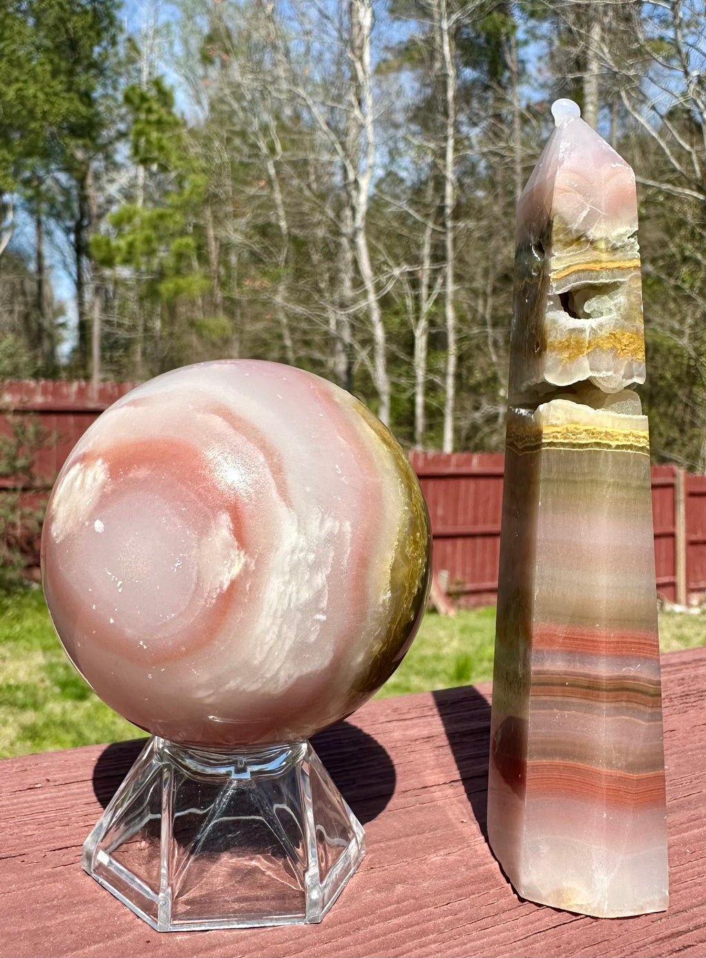 Pink Banded Calcite Sphere and Tower Set, Pakistan