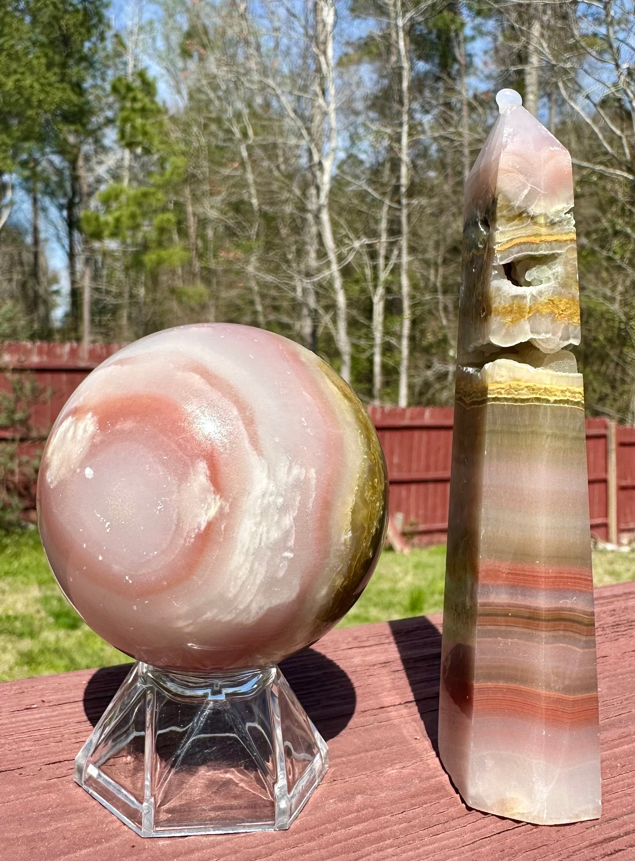 Pink Banded Calcite Sphere and Tower Set, Pakistan