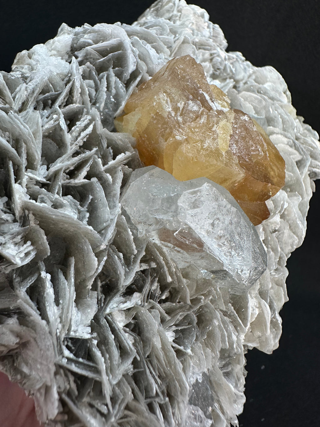 Golden Scheelite & Clear Aquamarine on Muscovite Blades, Mt. Xuebaoding, Sichuan Province, China