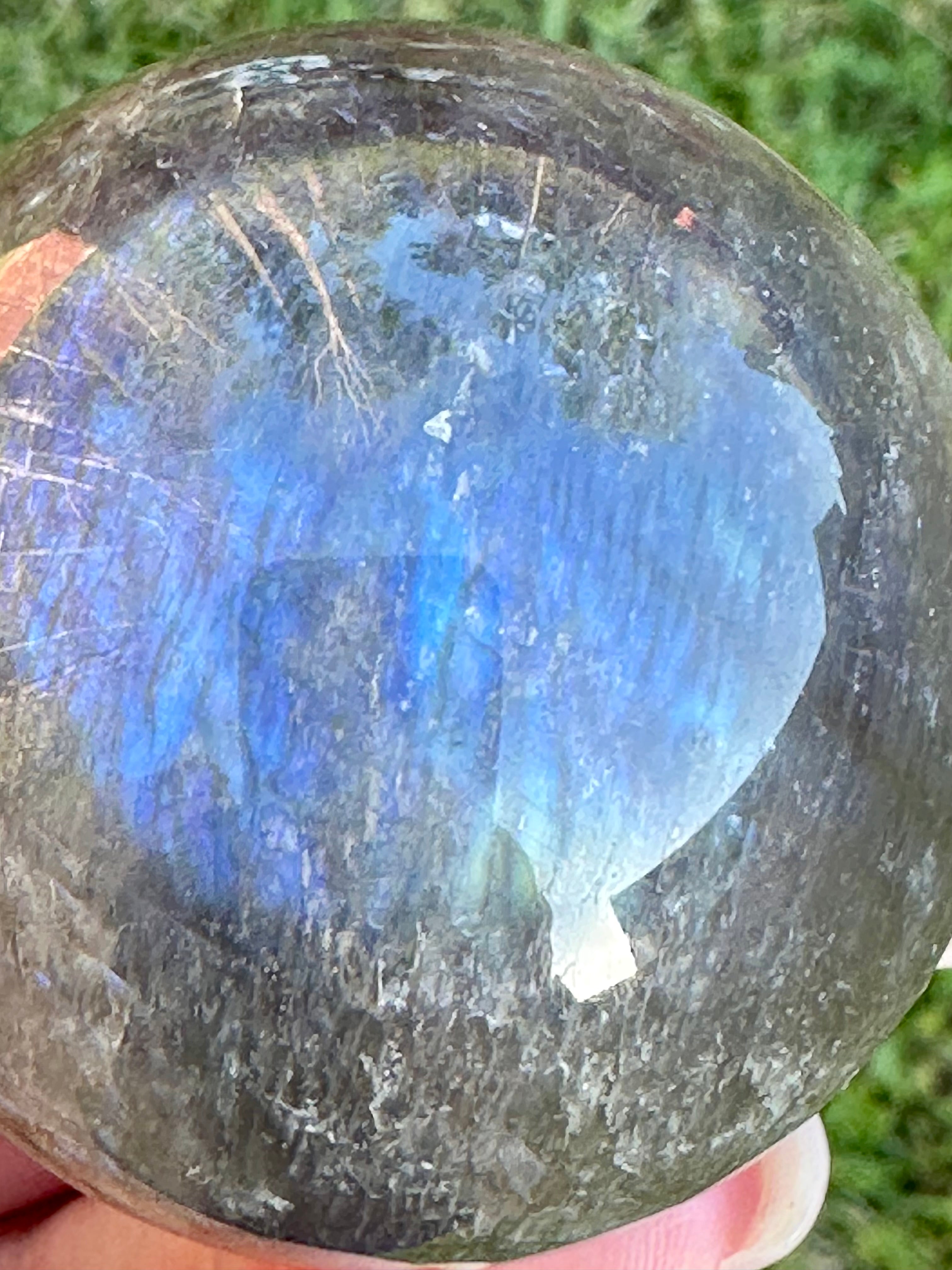 Black Moonstone Sphere with Blue Flash & Rainbow Fire, Madagascar