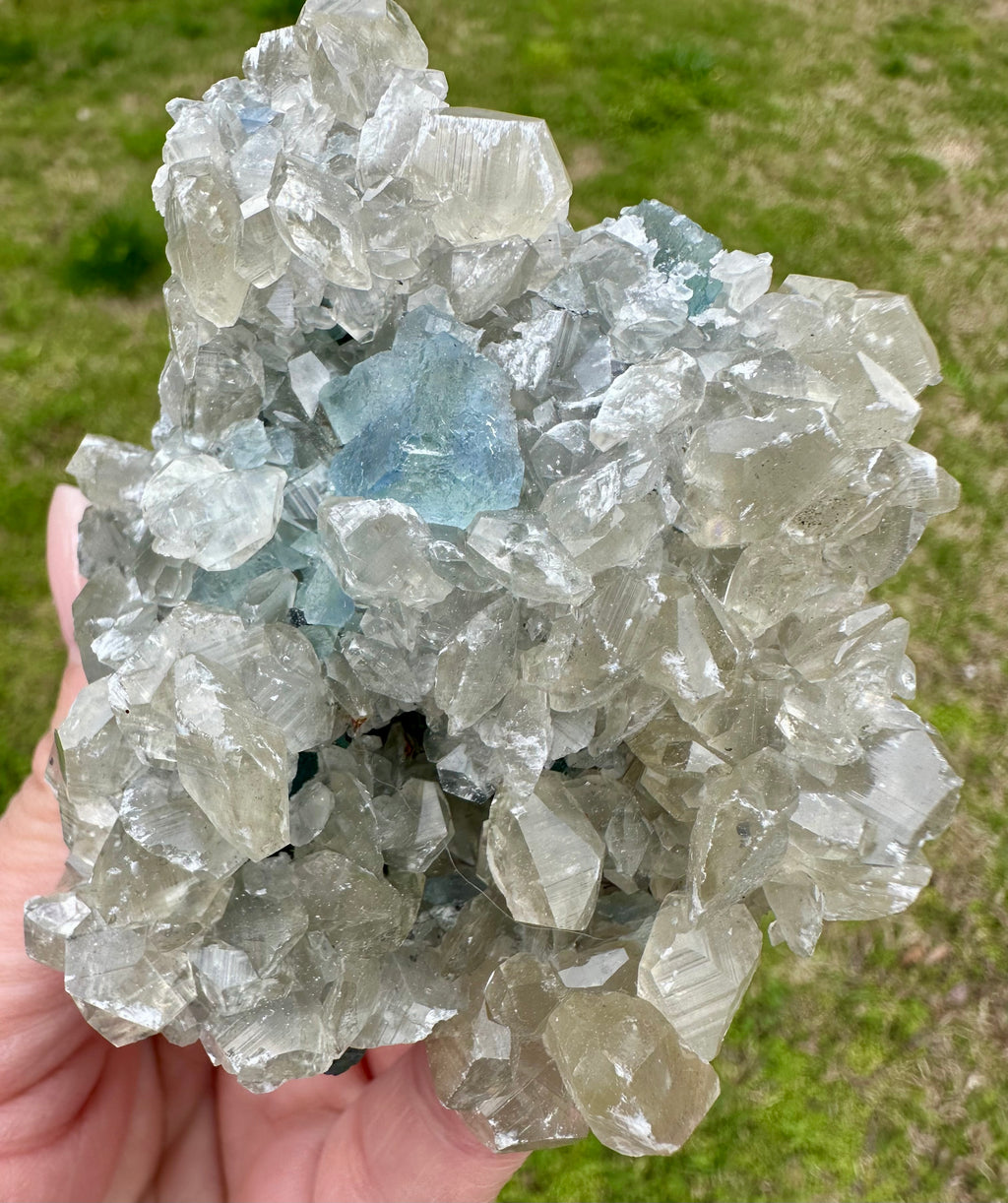 Benz Calcite on Blue & Green Fluorite, Xiang Hualing Mine, China
