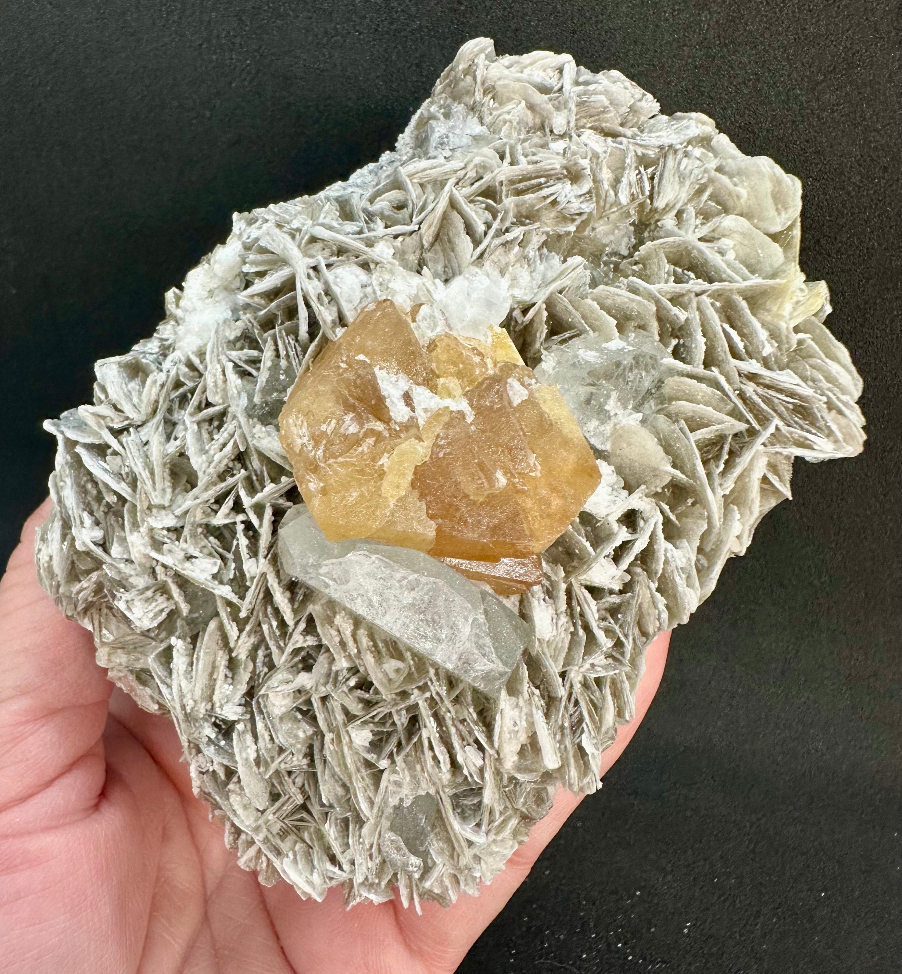 Golden Scheelite & Clear Aquamarine on Muscovite Blades, Mt. Xuebaoding, Sichuan Province, China