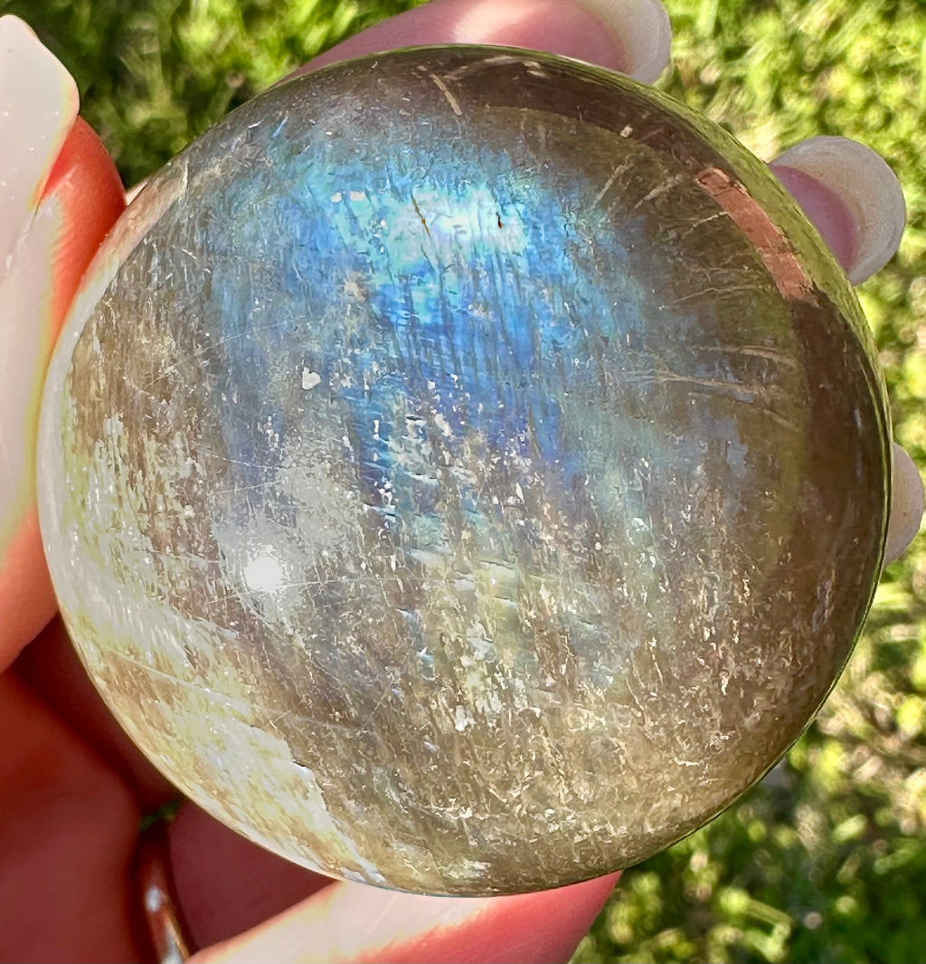 Black Moonstone Sphere with Blue Flash & Rainbow Fire, Madagascar