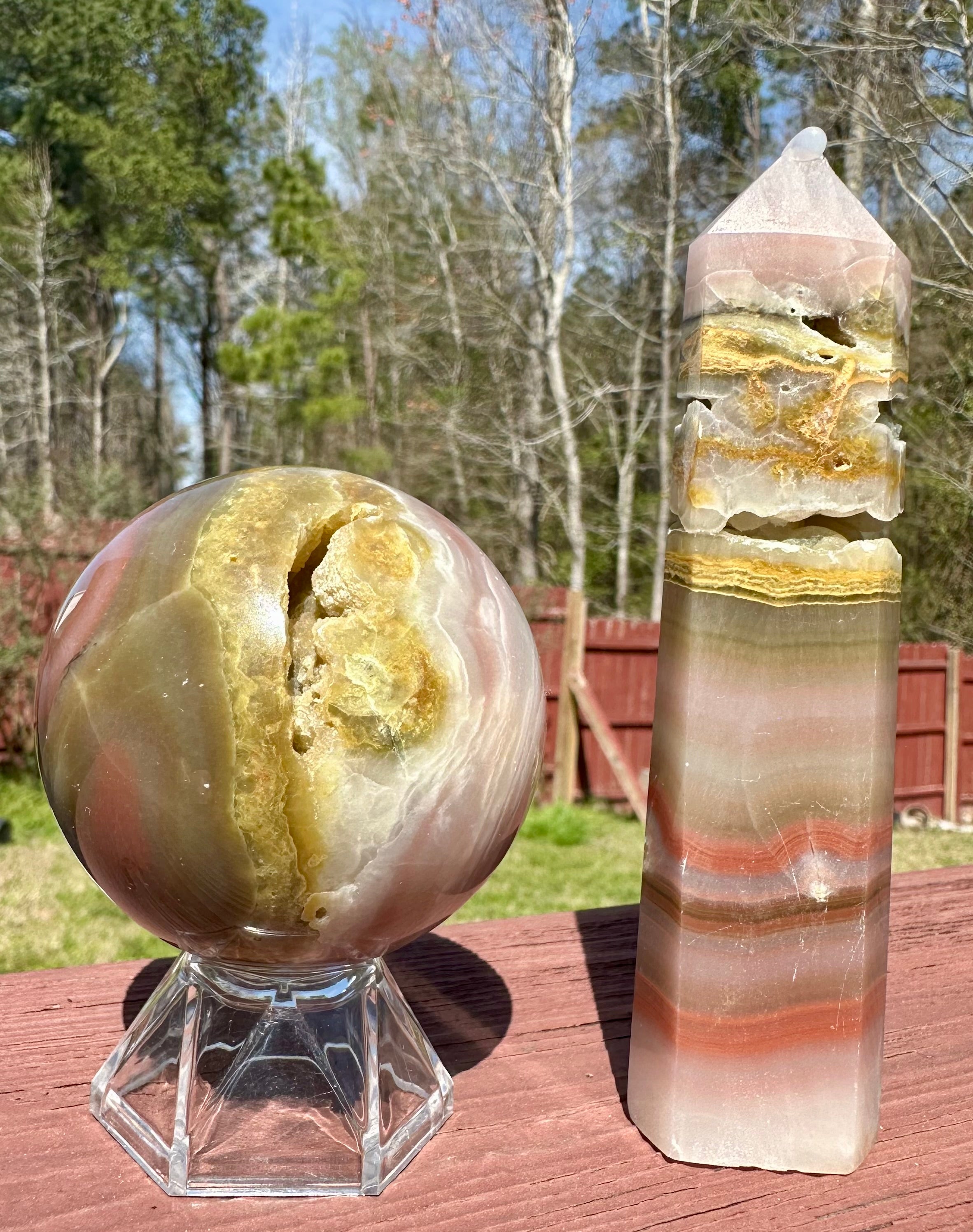 Pink Banded Calcite Sphere and Tower Set, Pakistan