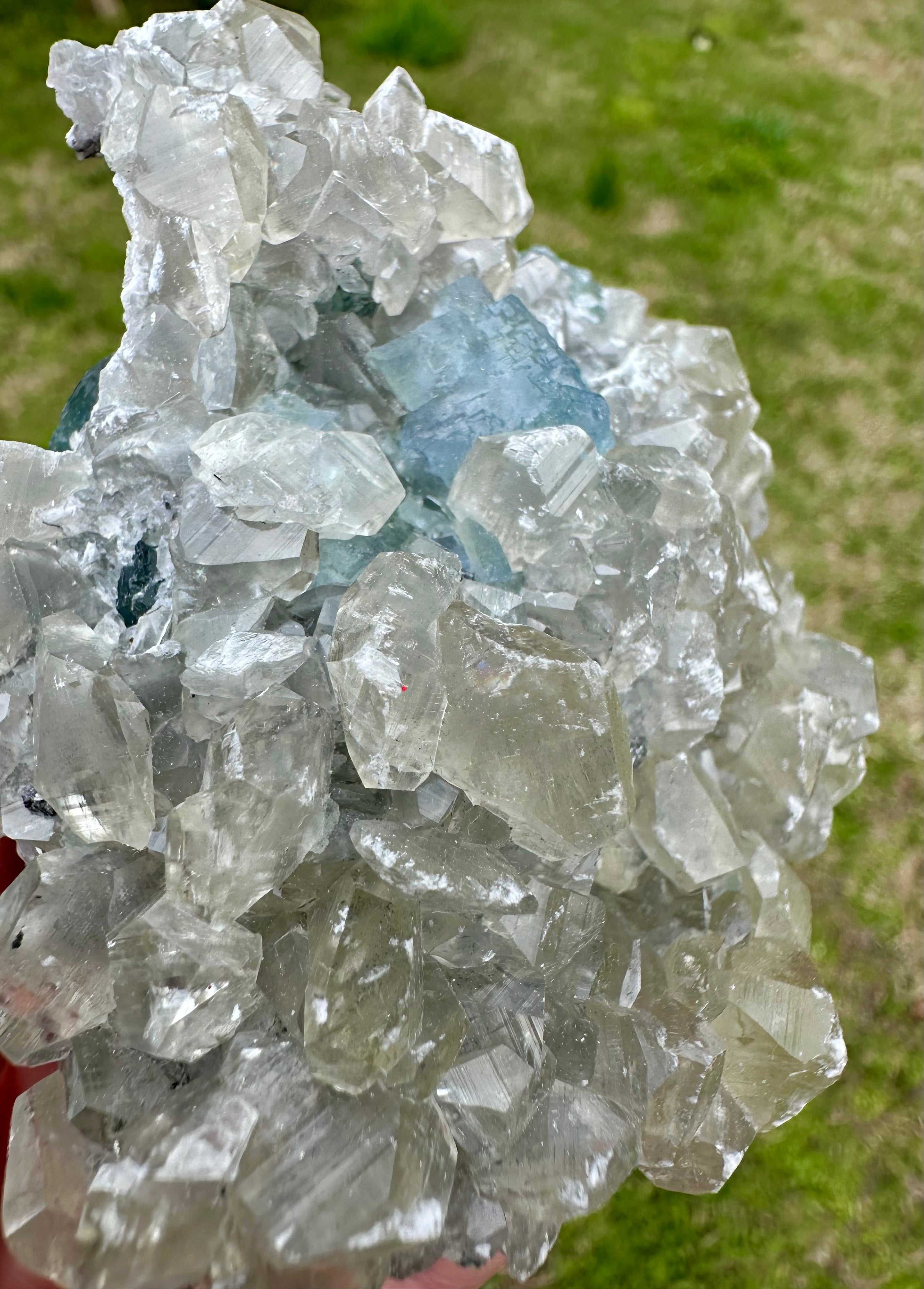 Benz Calcite on Blue & Green Fluorite, Xiang Hualing Mine, China