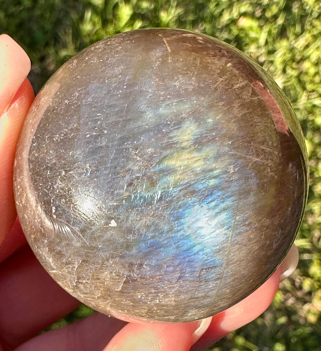 Black Moonstone Sphere with Blue Flash & Rainbow Fire, Madagascar