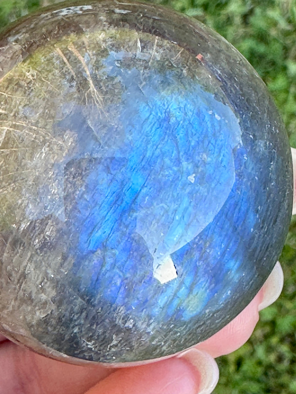 Black Moonstone Sphere with Blue Flash & Rainbow Fire, Madagascar