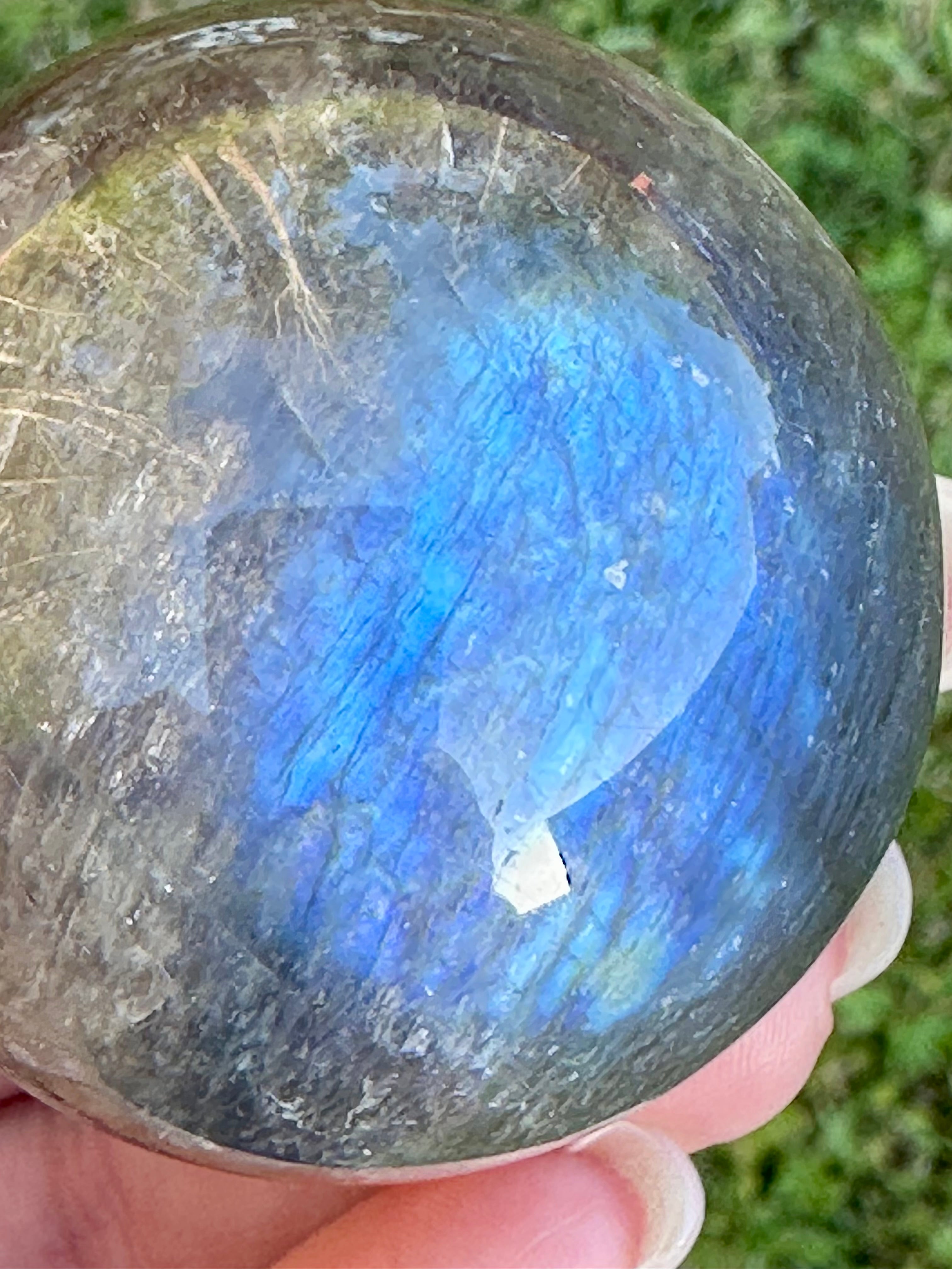 Black Moonstone Sphere with Blue Flash & Rainbow Fire, Madagascar