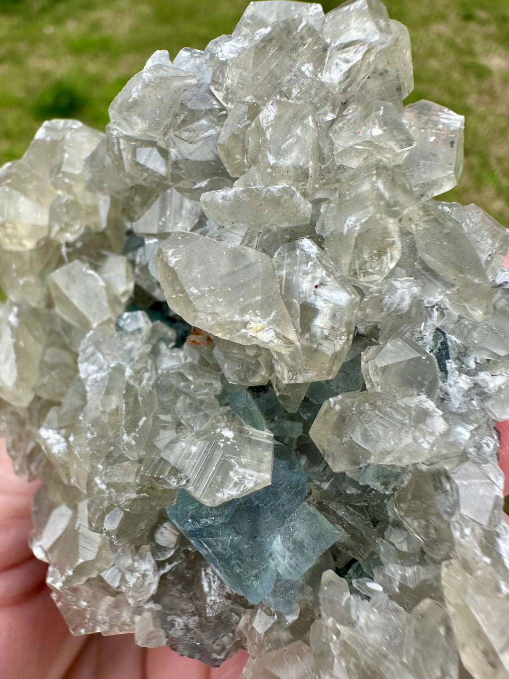 Benz Calcite on Blue & Green Fluorite, Xiang Hualing Mine, China