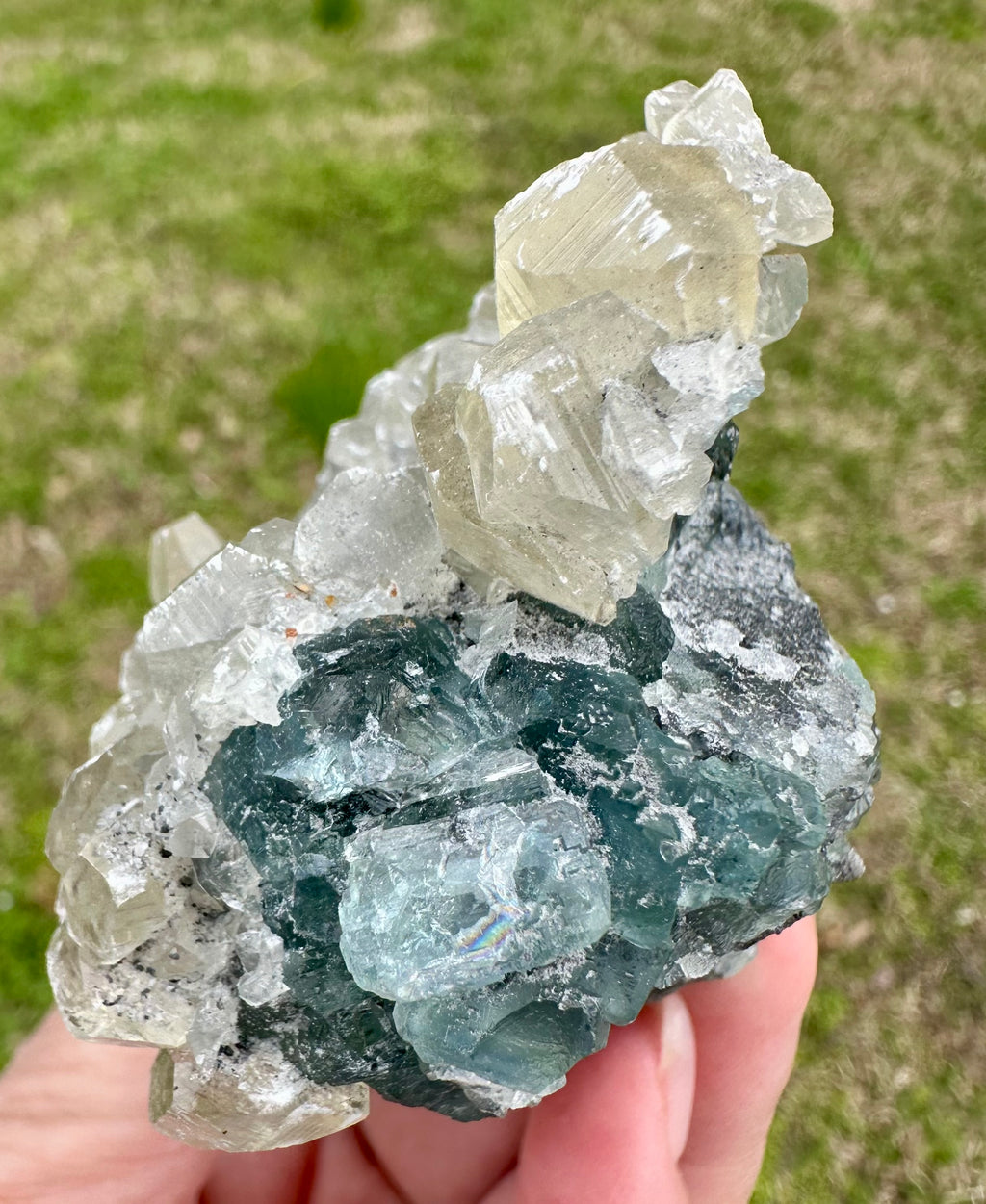 Benz Calcite on Blue & Green Fluorite, Xiang Hualing Mine, China