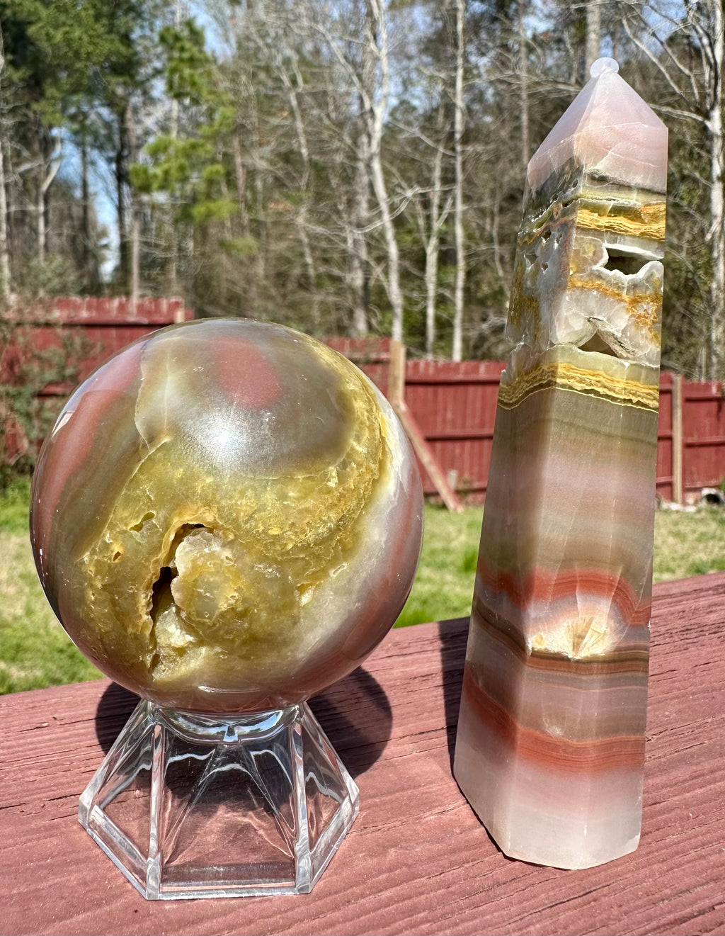 Pink Banded Calcite Sphere and Tower Set, Pakistan