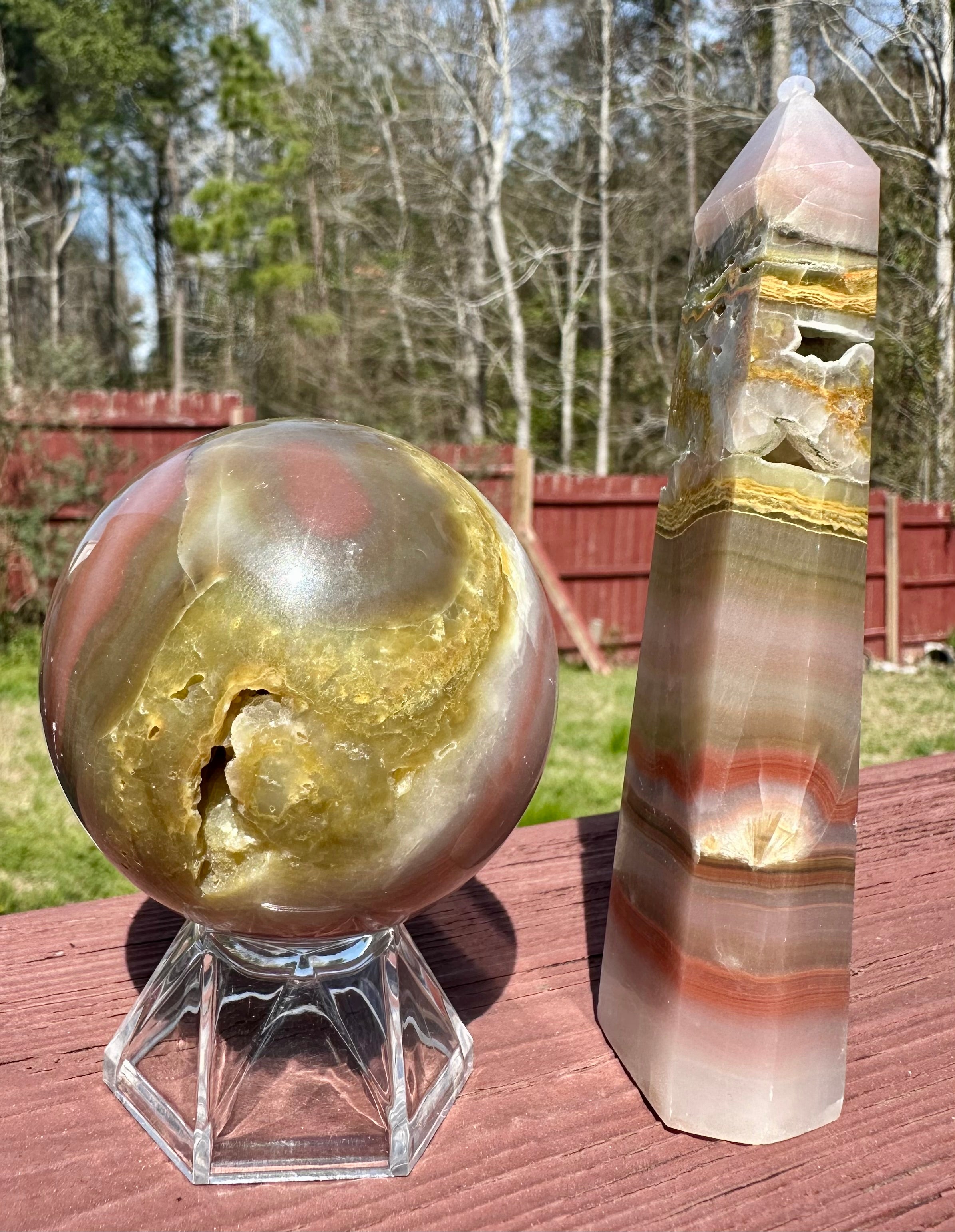 Pink Banded Calcite Sphere and Tower Set, Pakistan