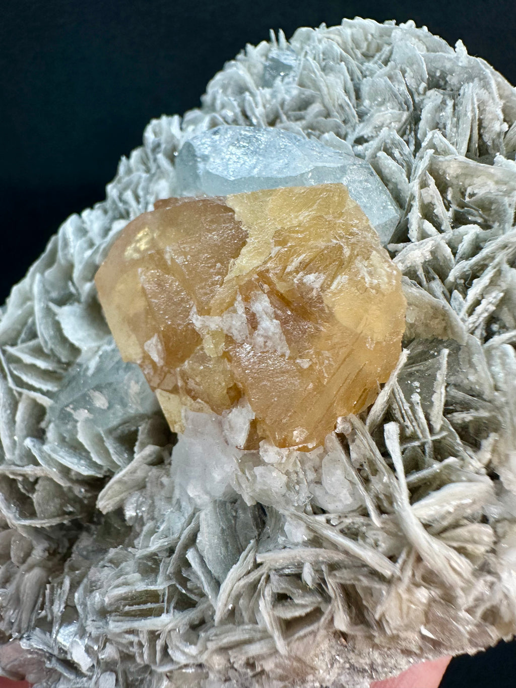 Golden Scheelite & Clear Aquamarine on Muscovite Blades, Mt. Xuebaoding, Sichuan Province, China