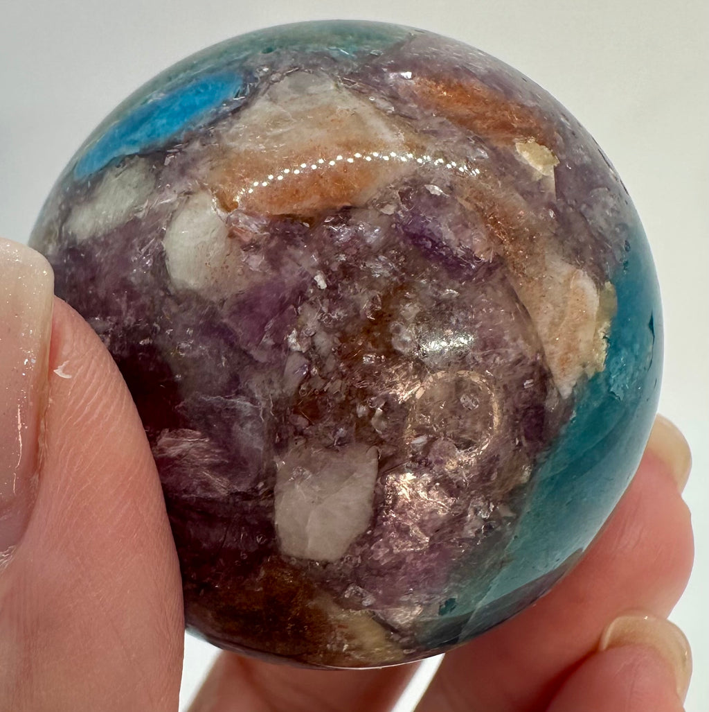 Blue Apatite, Lepidolite Mica & Arusha Quartz Composite Sphere