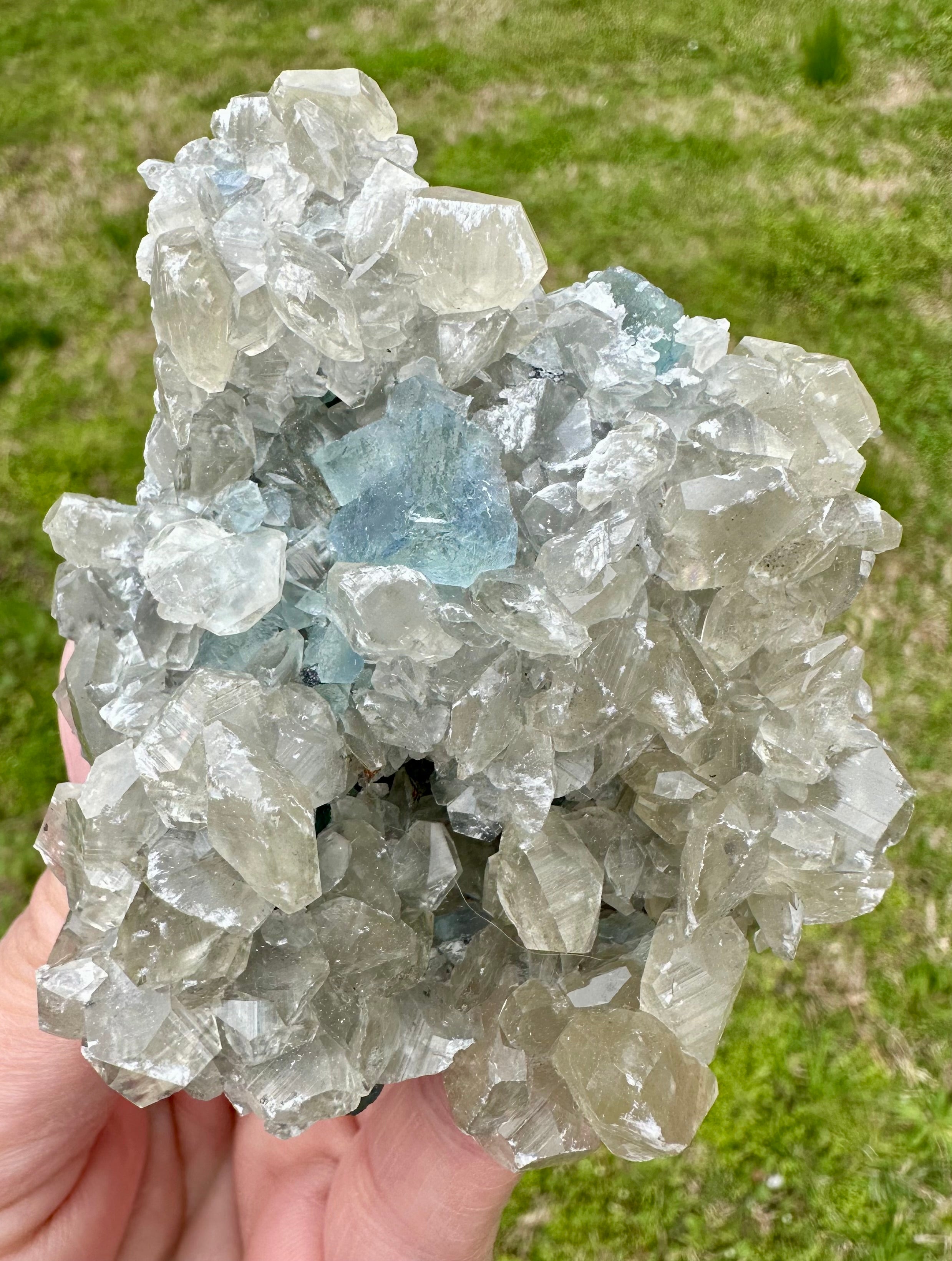 Benz Calcite on Blue & Green Fluorite, Xiang Hualing Mine, China