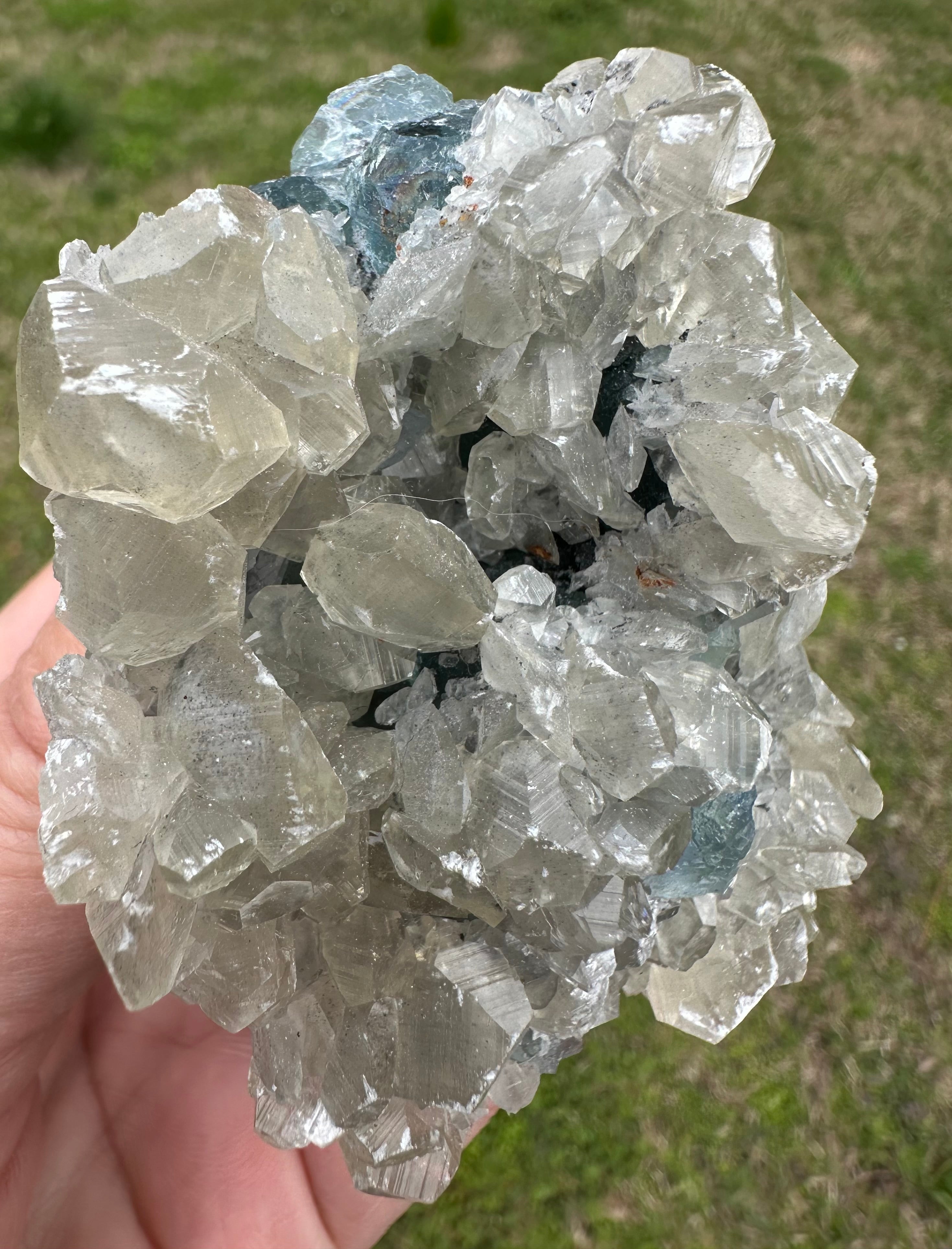 Benz Calcite on Blue & Green Fluorite, Xiang Hualing Mine, China