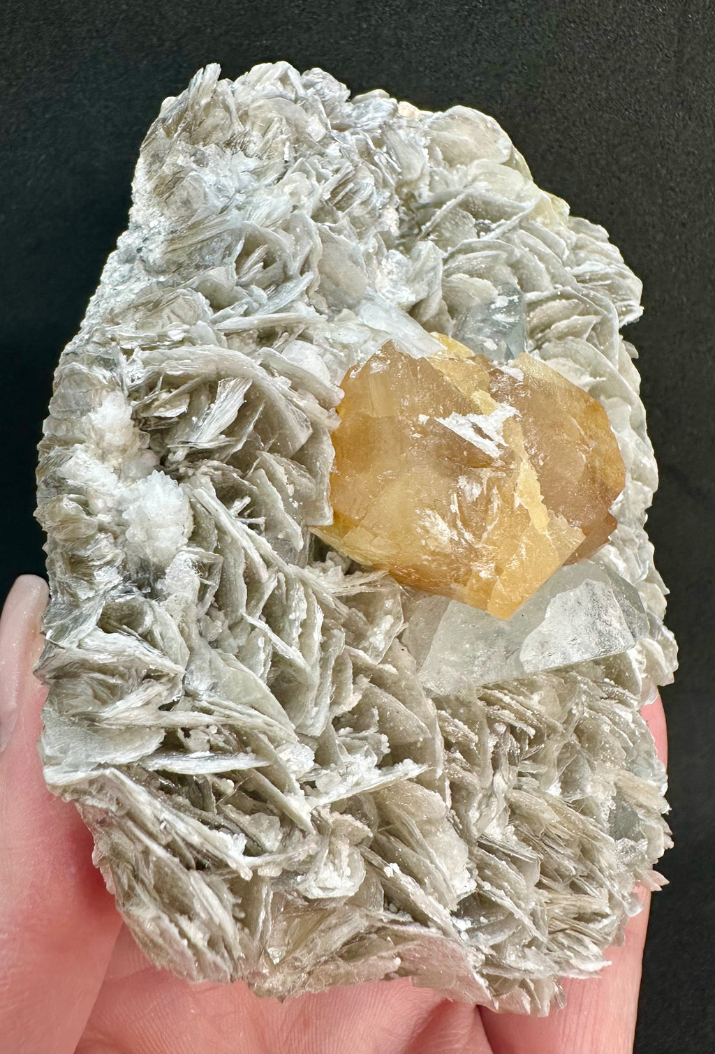 Golden Scheelite & Clear Aquamarine on Muscovite Blades, Mt. Xuebaoding, Sichuan Province, China