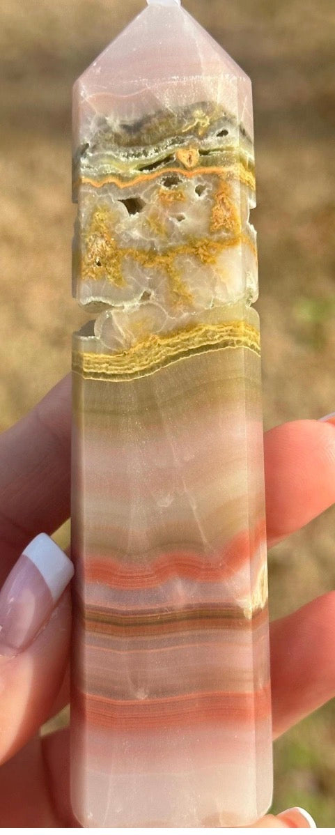 Pink Banded Calcite Sphere and Tower Set, Pakistan