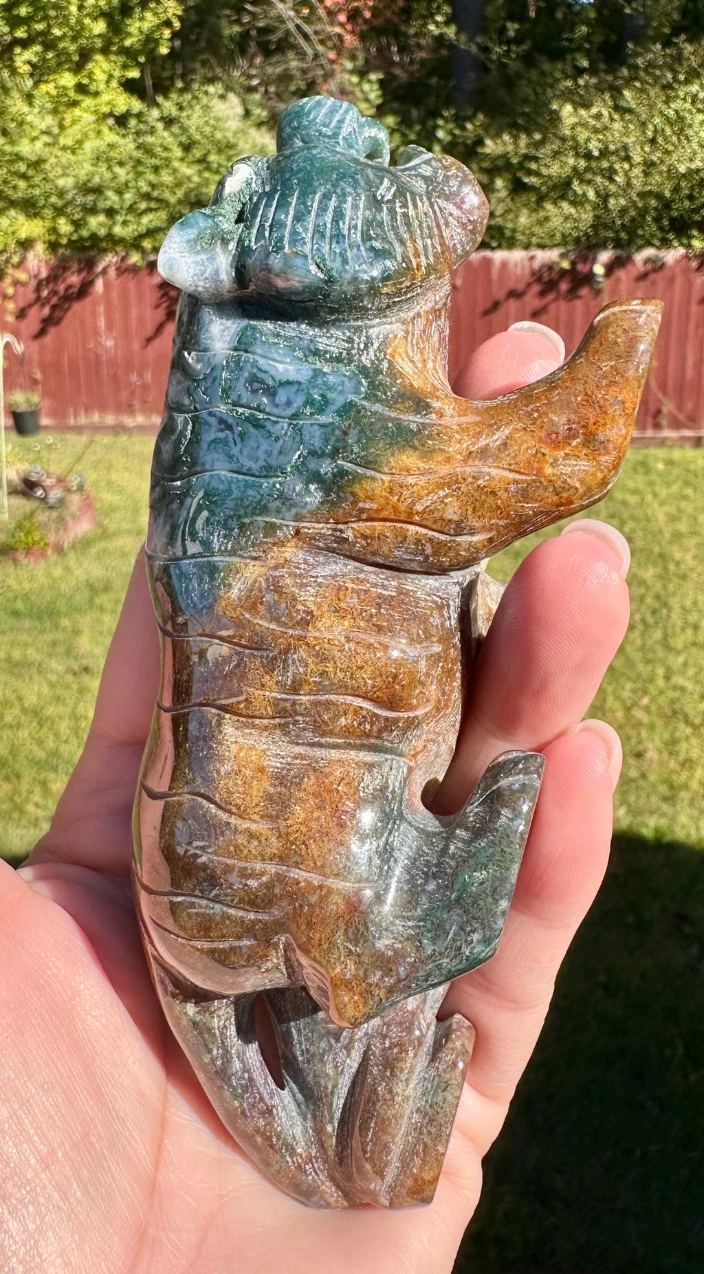 383 grams Captivating Colorful Moss Agate Tiger Carving from India