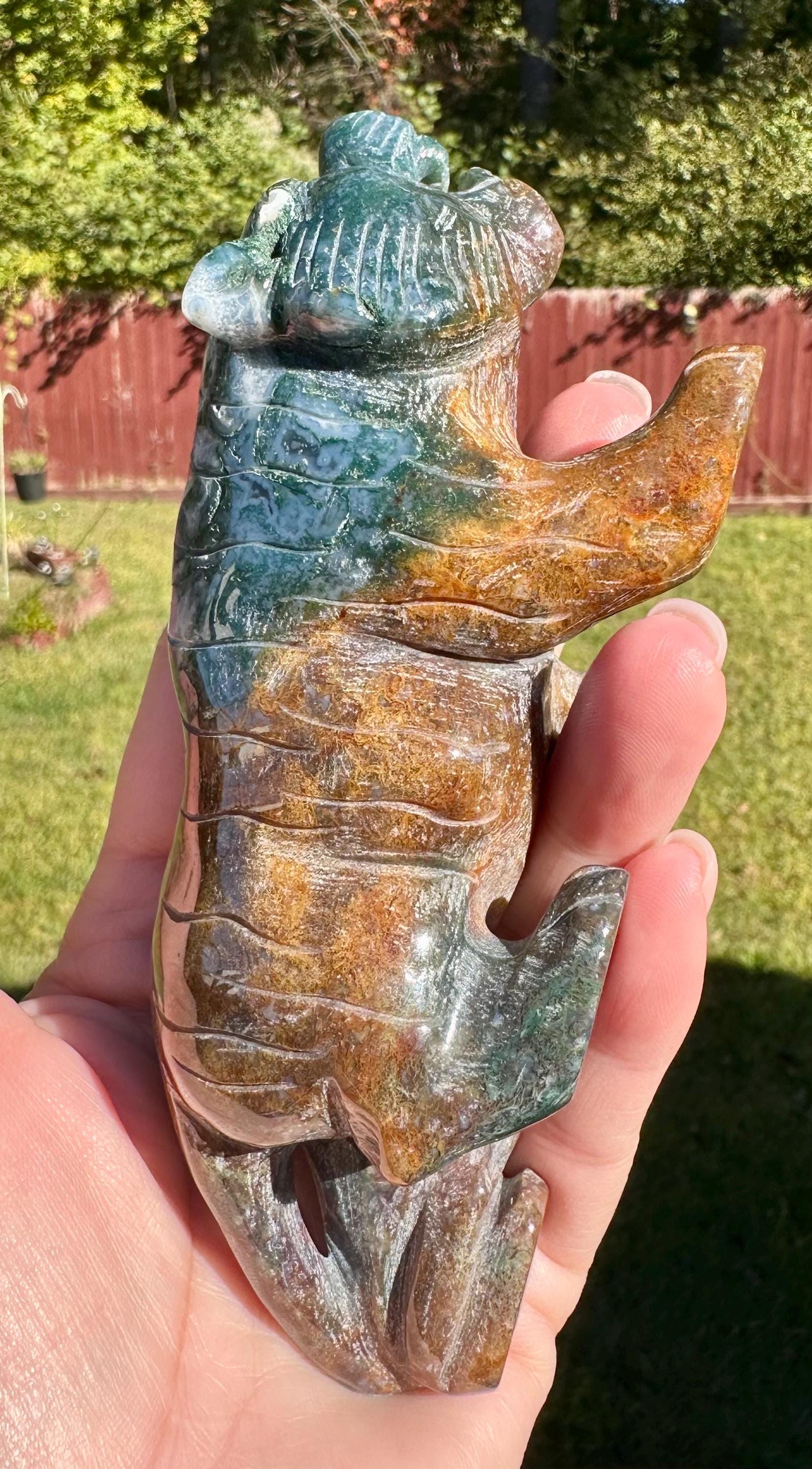 383 grams Captivating Colorful Moss Agate Tiger Carving from India