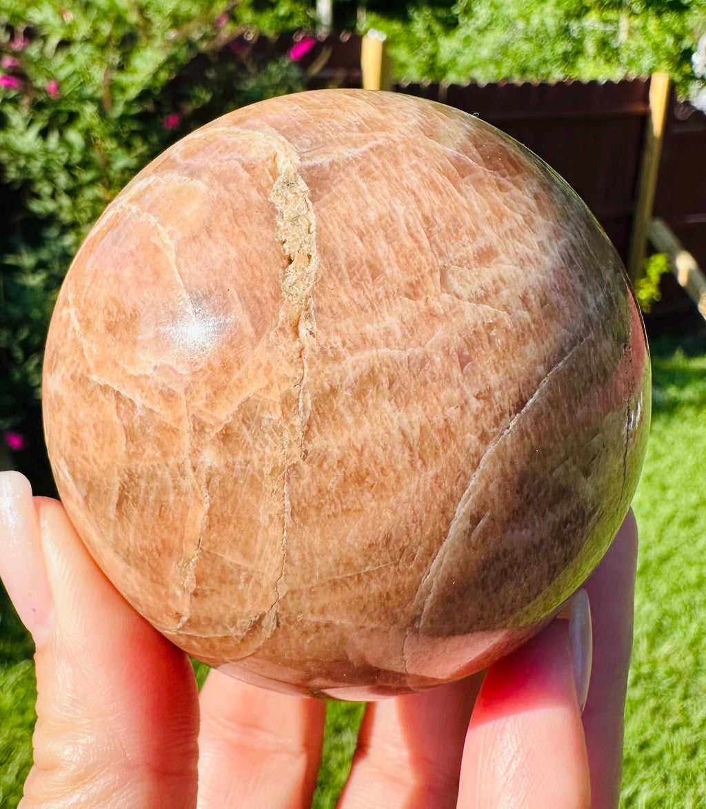 509 Grams of Harmonious Duo: Peach Moonstone Sphere & Flashing Palm Stone Set