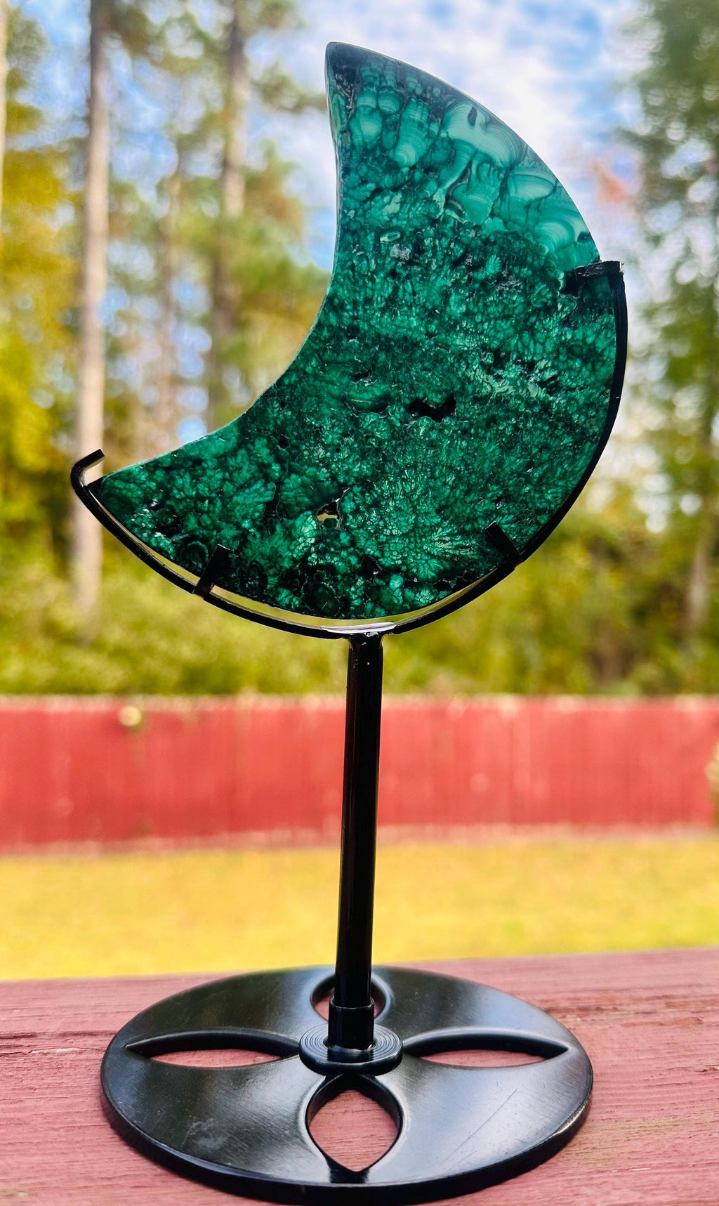 225 grams Gorgeous Malachite Crescent Moon with metal stand