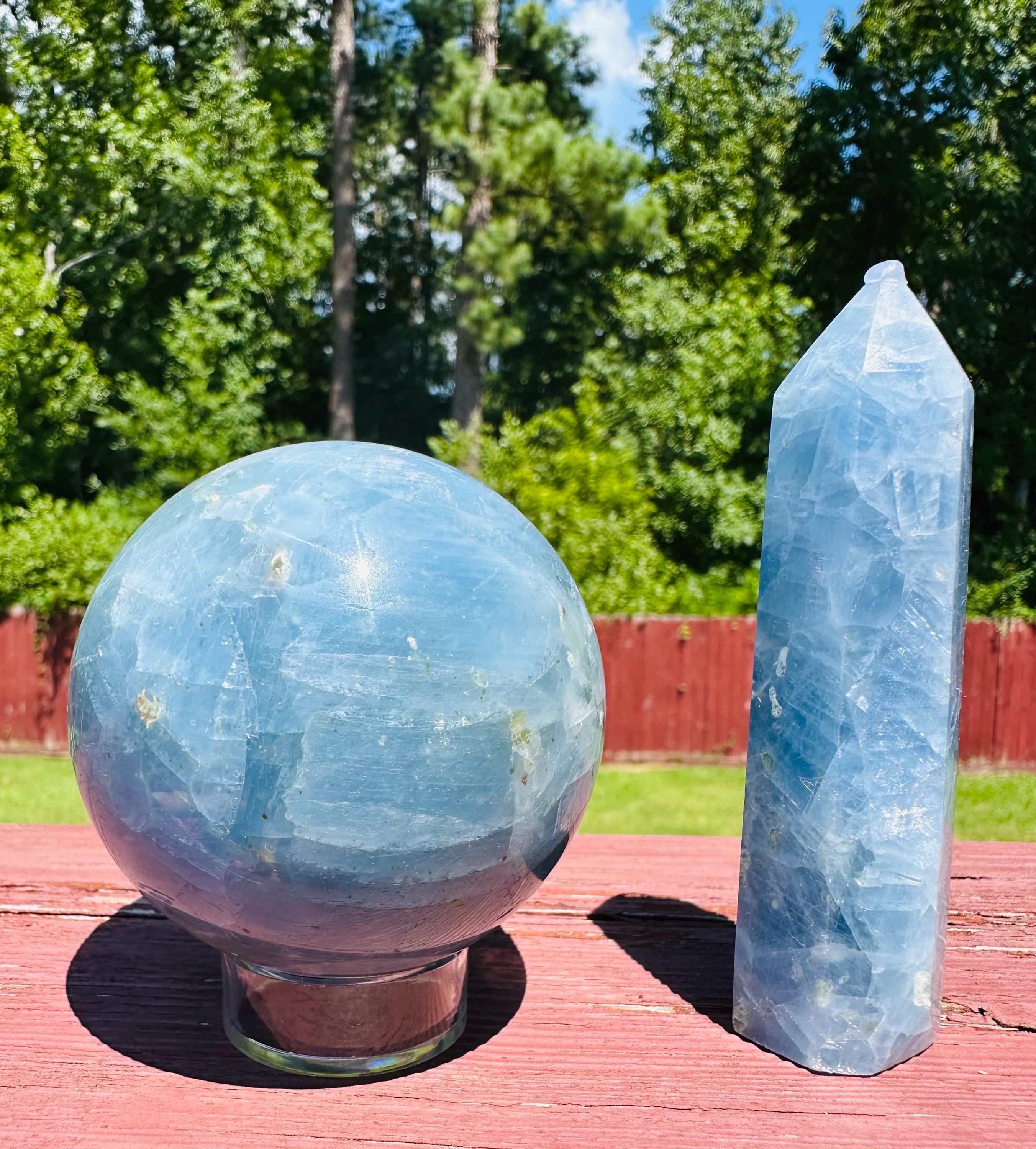 402 grams  / 65mm Blue Calcite Harmony Set: Polished Sphere & Energy Point