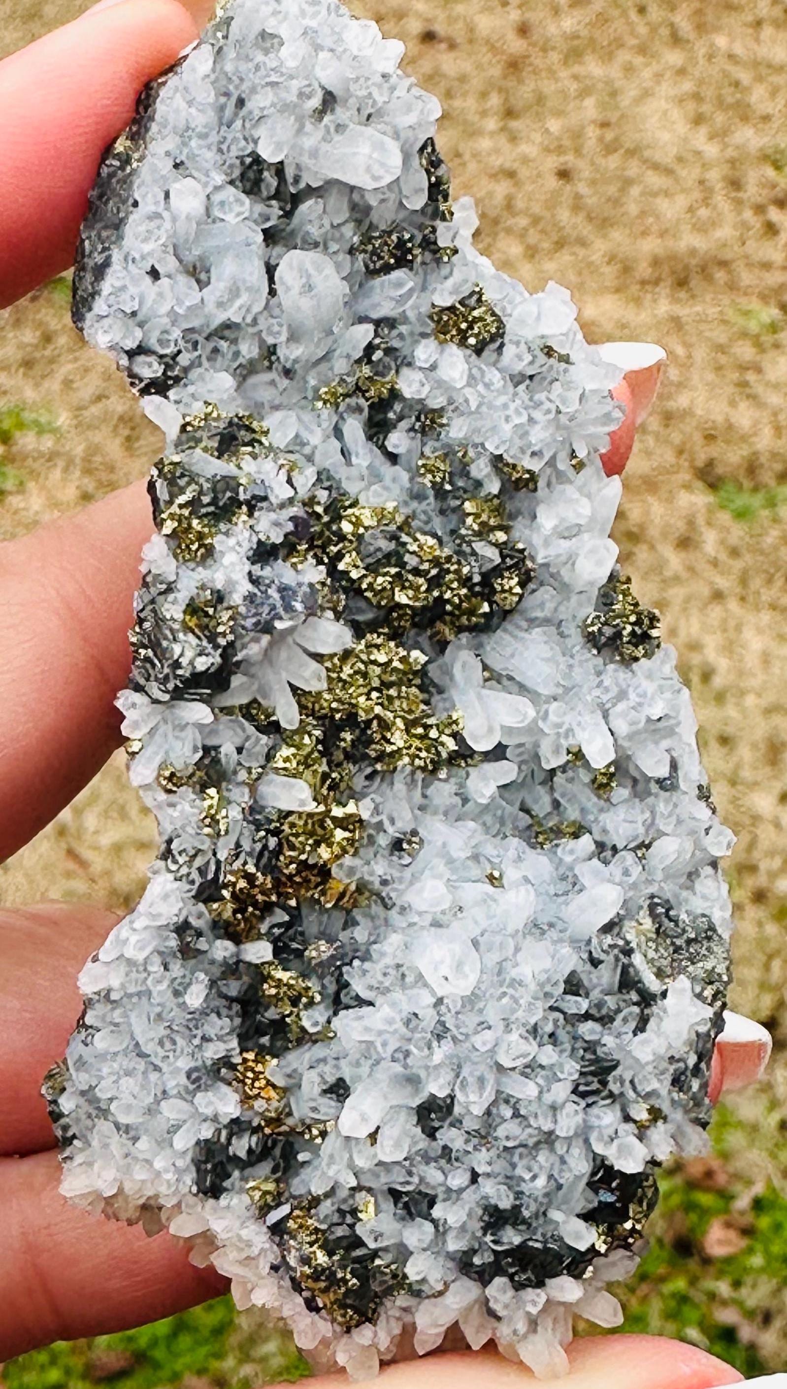175 Grams unique Chalcopyrite Pseudomorph after Sphalerite with Quartz Crystals from Huanza Mine in Peru