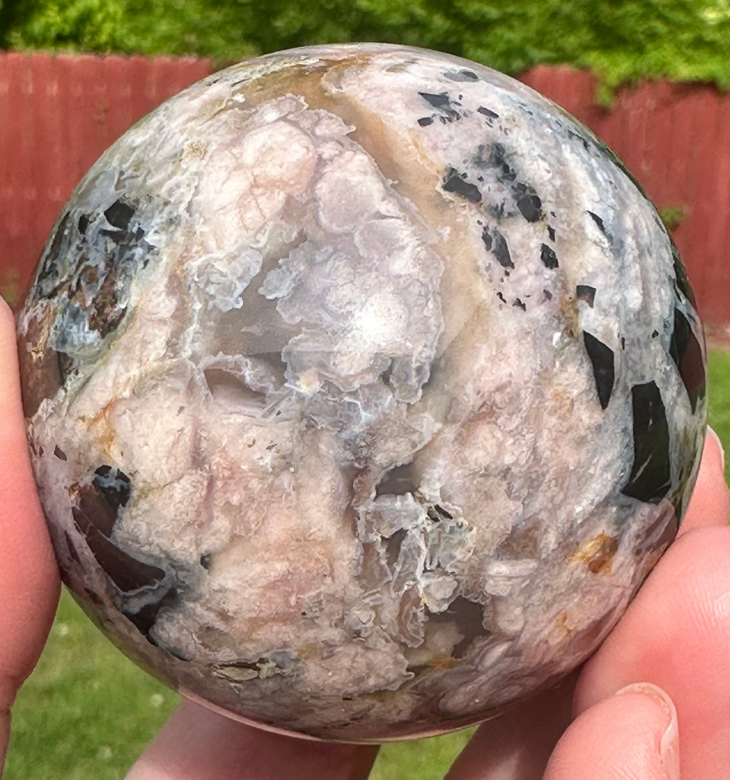 231 Grams Mosaic Like Black Flower Agate Sphere from Madagascar
