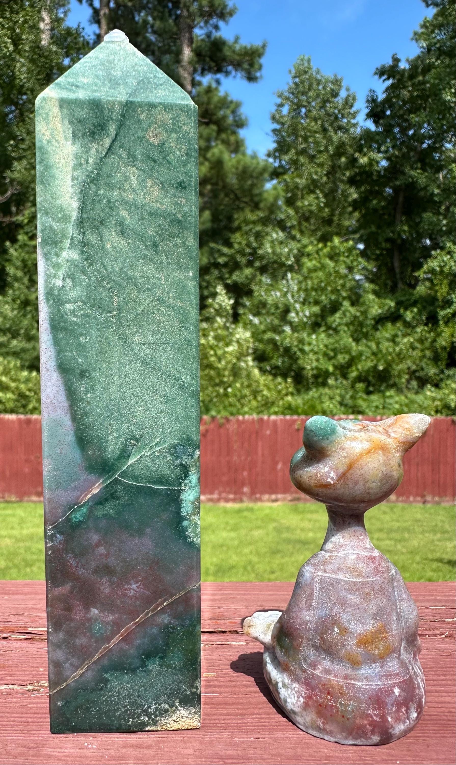 Ocean's Embrace Duo: Rare Ocean Jasper Druzy Cave & Meditating Cat Carving