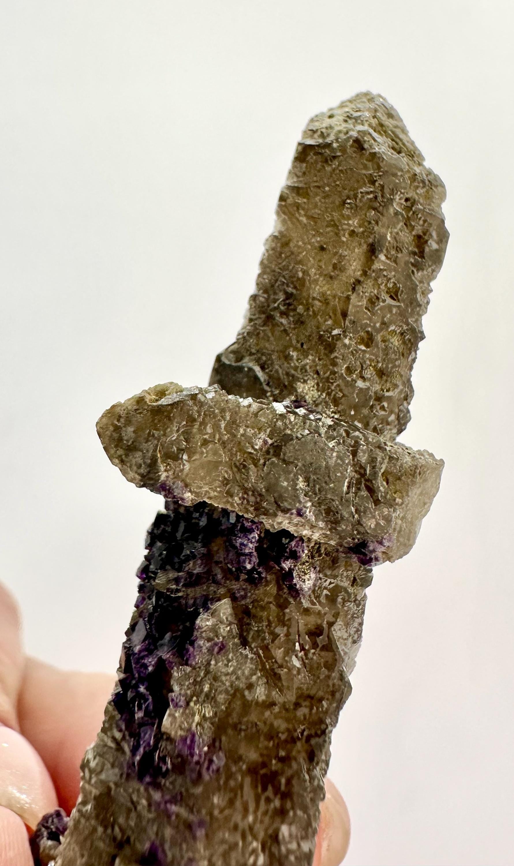 26 Grams Double-Terminated Quartz with Intergrown Crystals, Chlorite Coating & Deep Purple Cubic Fluorite with Phantoms from Inner Mongolia