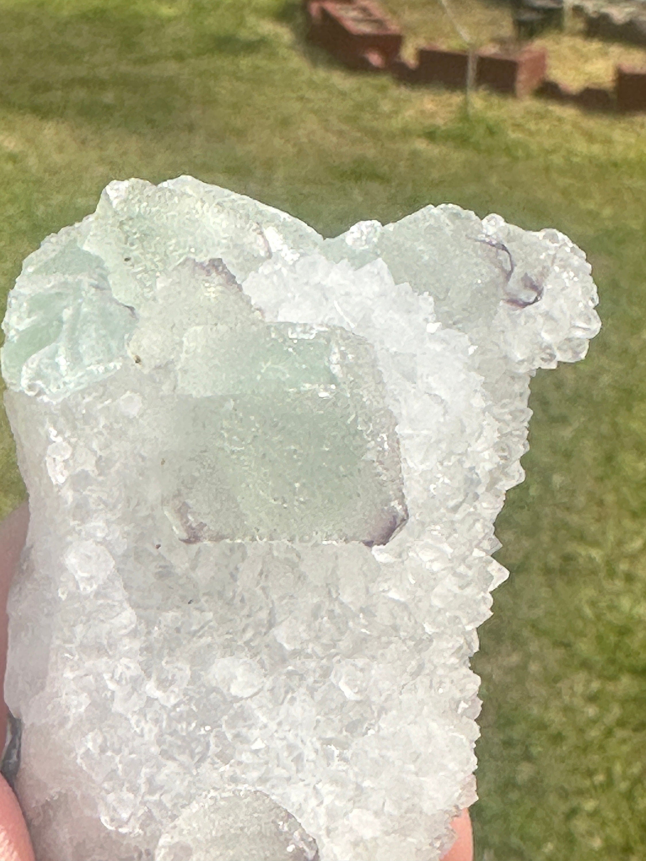 127 Grams Beautiful Light Green Octahedron with Purple Phantoms over White Quartz