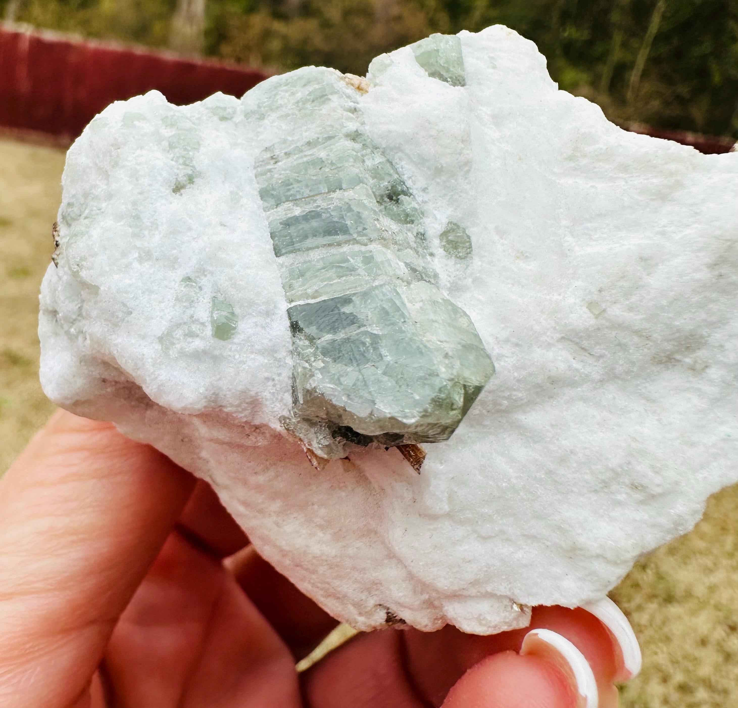 154 Grams well formed Green Apatite Crystal on Feldspar with shiny Golden Mica from Afghanistan