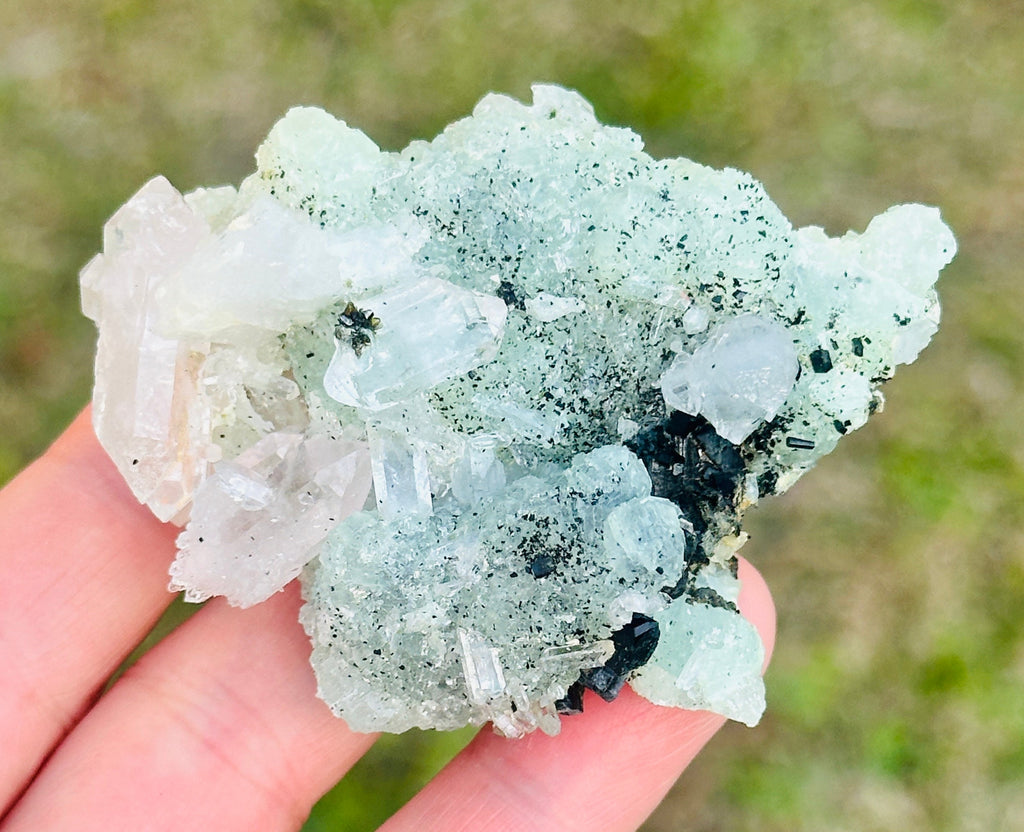 90 Grams of Babingtonite on Prehnite and ET and DT Clear Quartz Points from Qiaojia, Yunnan Province, China