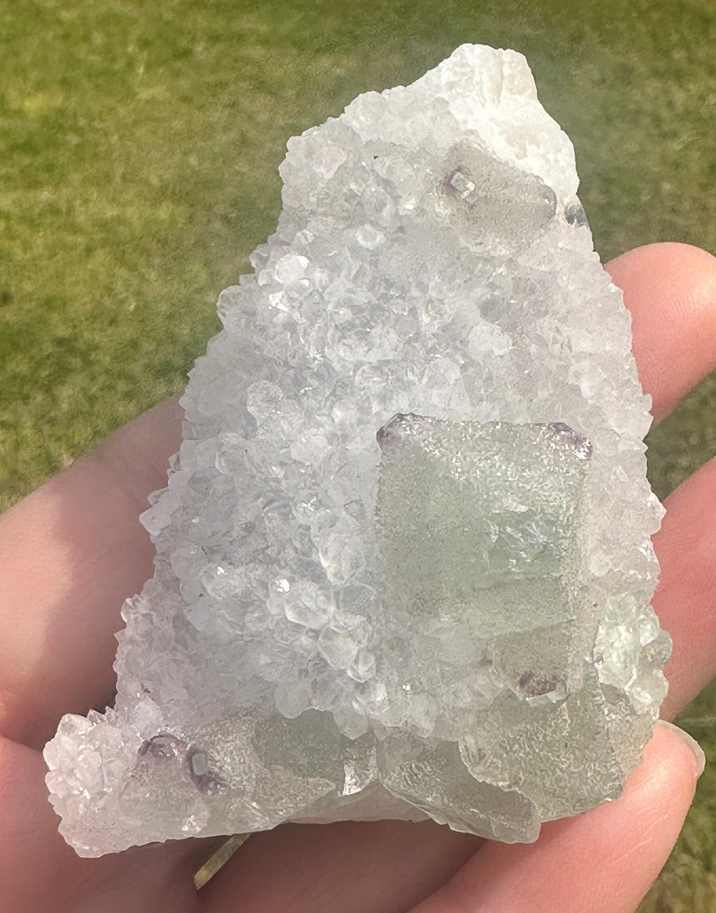 127 Grams Beautiful Light Green Octahedron with Purple Phantoms over White Quartz