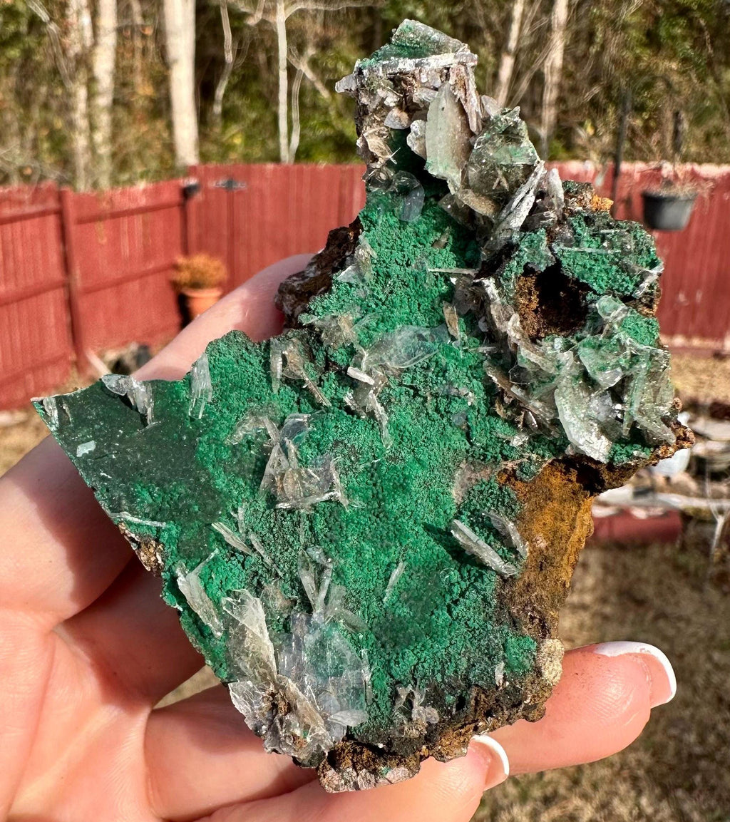 152 Grams Clear Barite blades in green "sandy granular like" Atacamite specimen from China