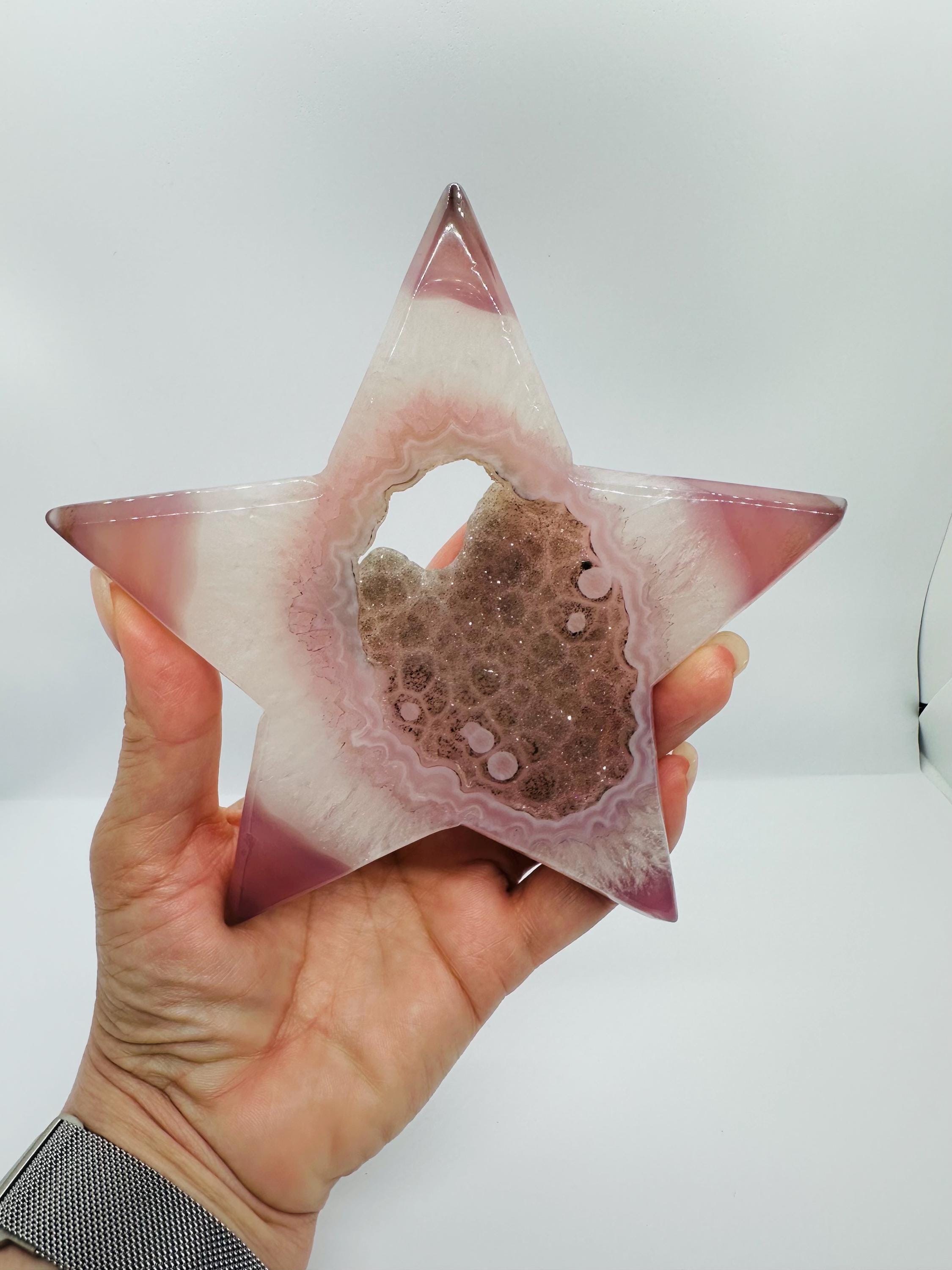 275 Grams Sparkling Pink Agate Star with Druzy & NATURAL Hollandite Stars! (with custom wooden stand)