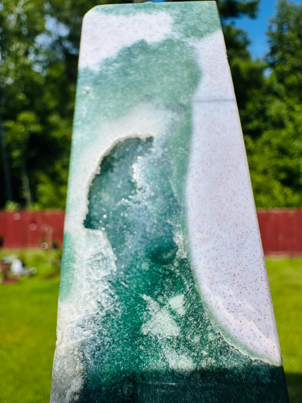 Ocean's Embrace Duo: Rare Ocean Jasper Druzy Cave & Meditating Cat Carving