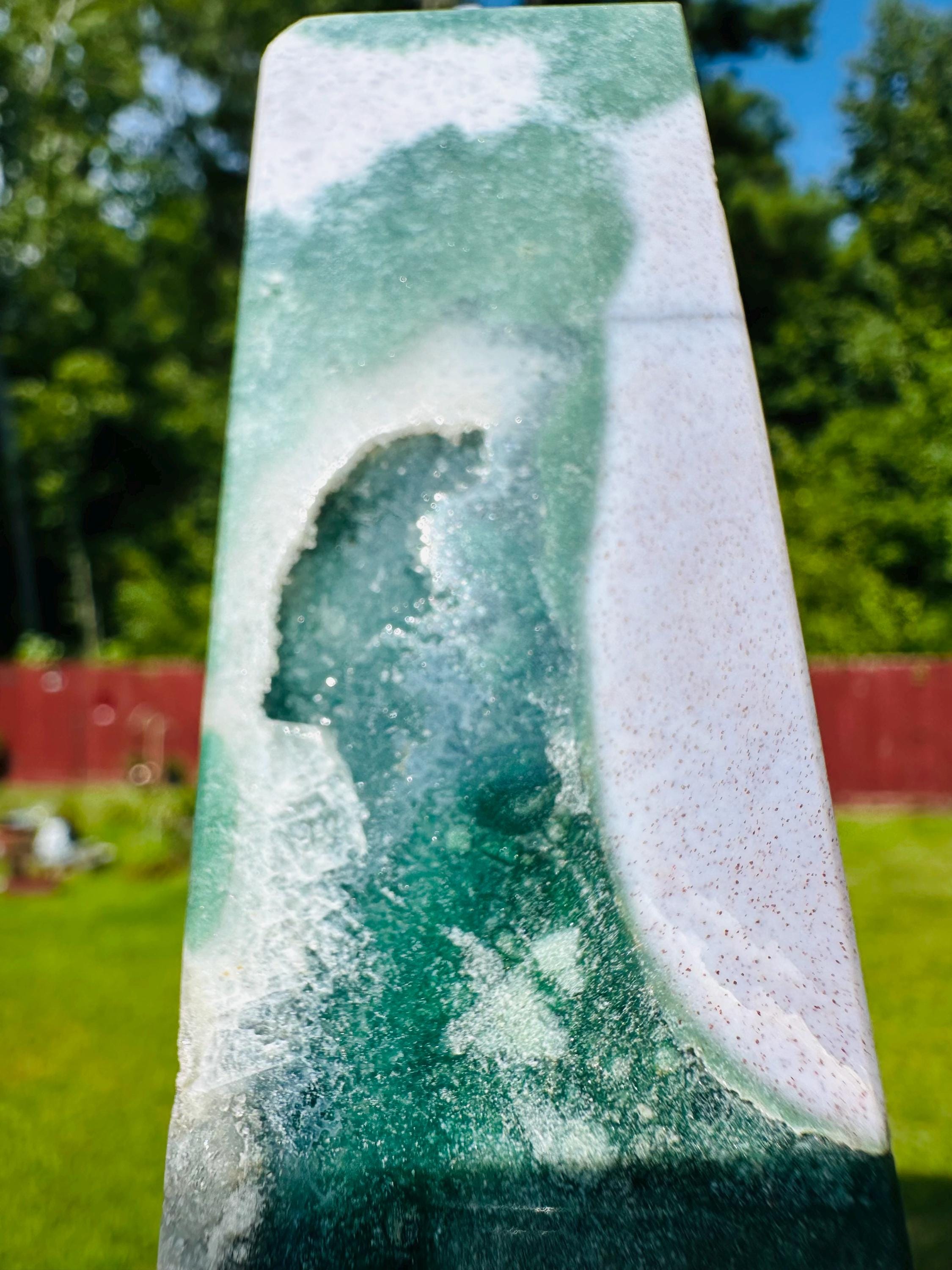 Ocean's Embrace Duo: Rare Ocean Jasper Druzy Cave & Meditating Cat Carving