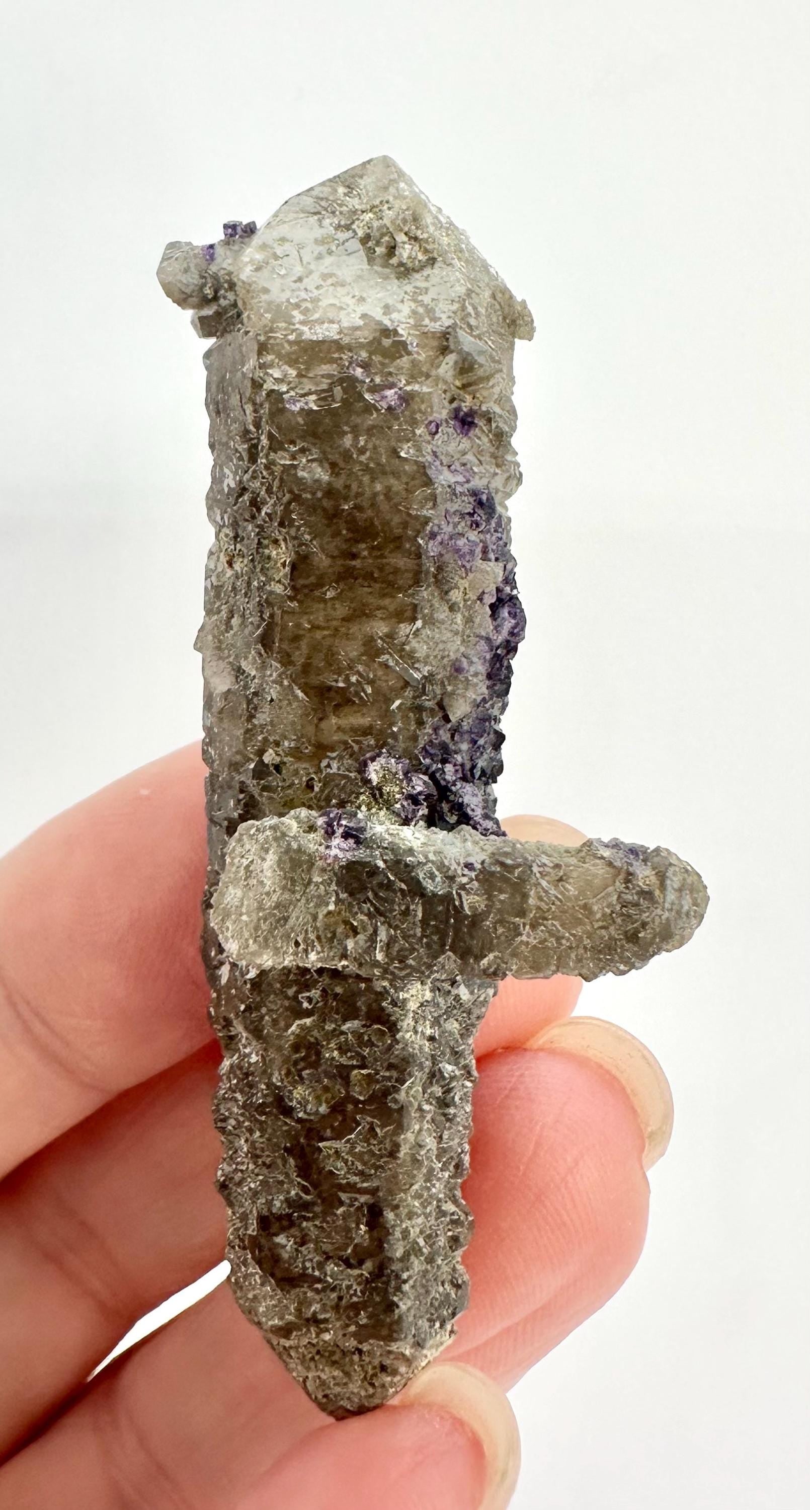 26 Grams Double-Terminated Quartz with Intergrown Crystals, Chlorite Coating & Deep Purple Cubic Fluorite with Phantoms from Inner Mongolia