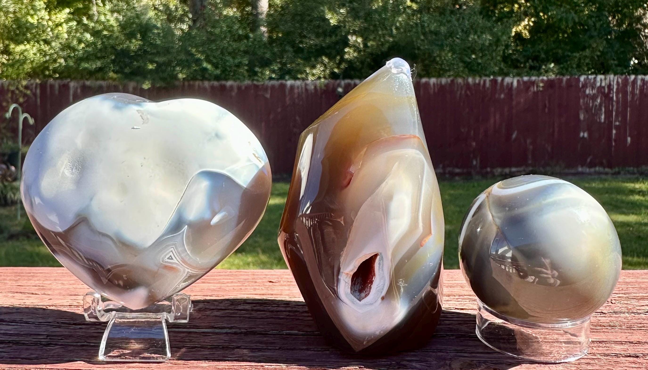 Orca Agate Puffy Heart, Flame and Sphere Set from Madagascar